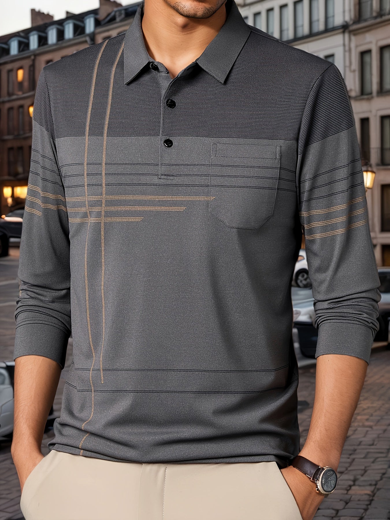 Men's Vintage-Inspired Striped Shirt with Chest Pocket - Breathable, Long Sleeve, Button Detail for Golf & Outdoor Activities