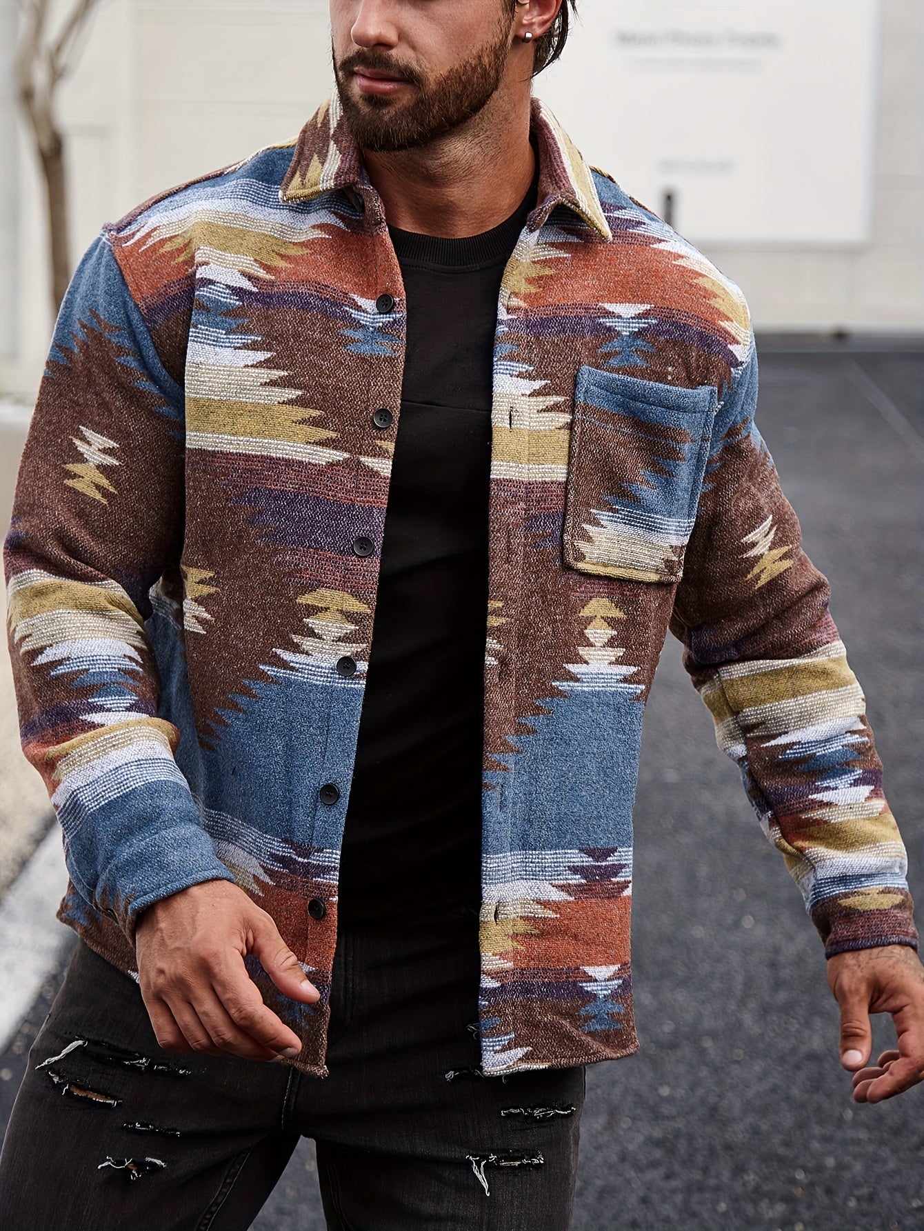 Various Pattern Men's Casual Long Sleeve Lapel Shirt, Men's Thick Outwear For Fall Winter