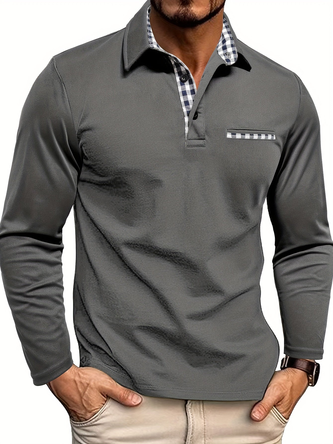 2024 Fall Casual Men'S Long Sleeve Polo Shirt with Color Block Design, Polyester Knit Fabric, Regular Fit, Half Placket, and Slight Stretch
