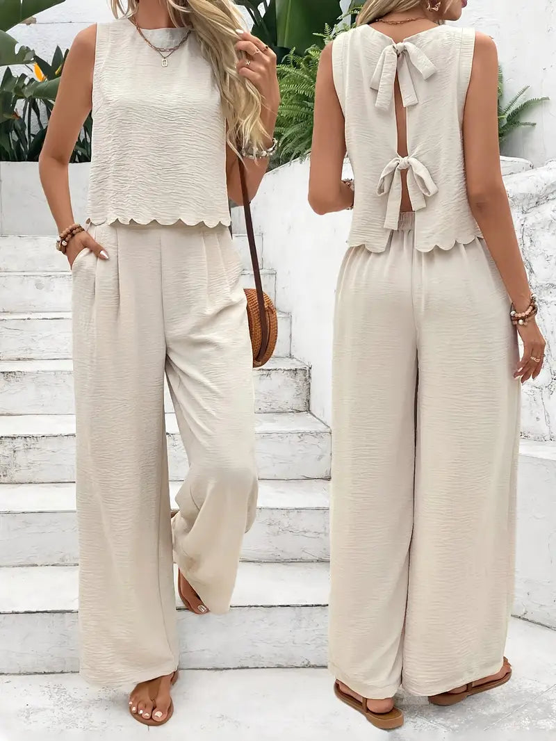 Solid Polyester Jacket 2-Piece Set Sleeveless