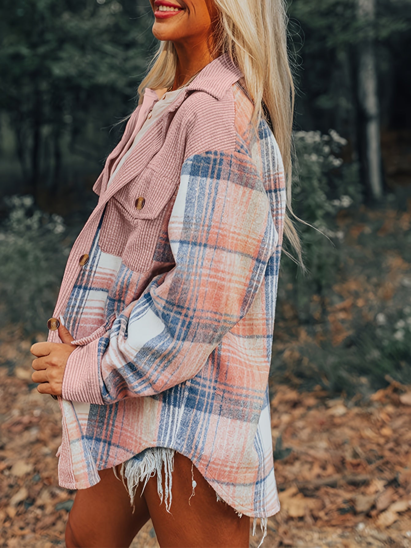 Plaid Print Drop Shoulder Jacket, Casual Lapel Neck Long Sleeve Button Front Jacket For Fall & Spring, Women's Clothing