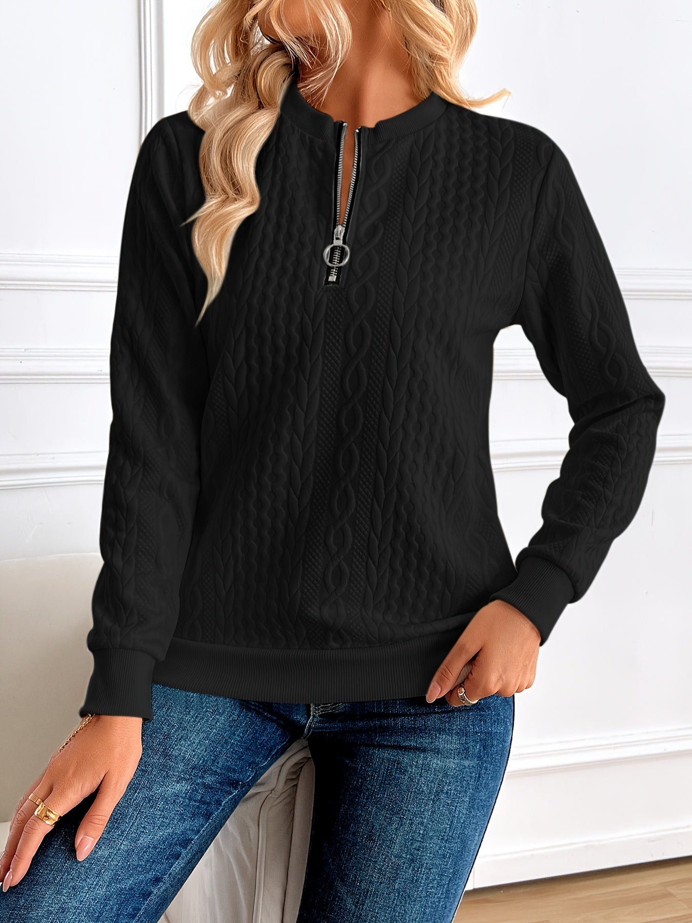 Chic Women's Half-Zip Pullover Sweatshirt - Elegant Solid Color Long Sleeve with Textured Cable Knit, Baseball Collar & Front Zipper, Polyester Blend, Machine Washable, Spring/Fall Casual Wear, Everyday Sweatshirt | Baseball Collar Top | Ribbed