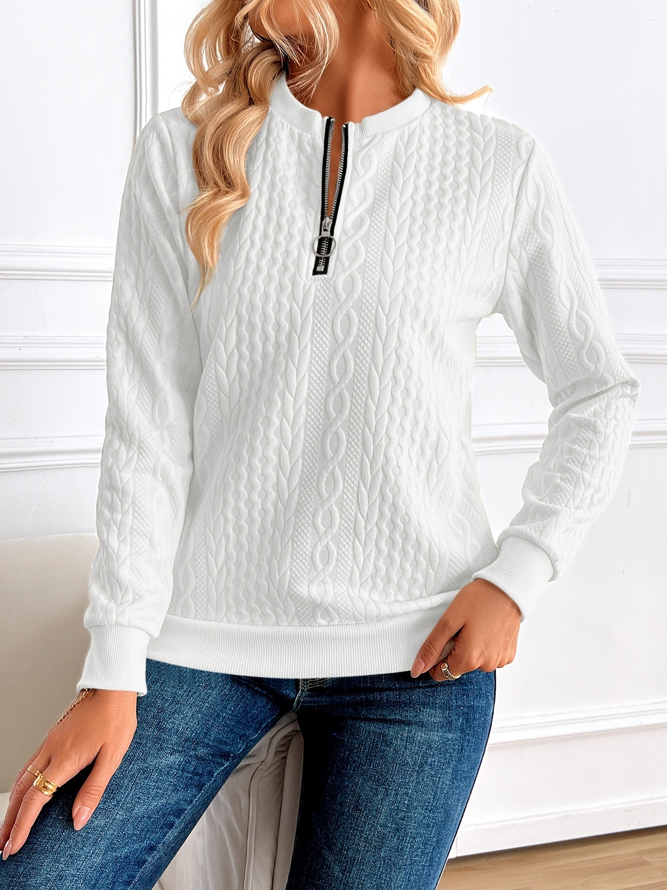 Chic Women's Half-Zip Pullover Sweatshirt - Elegant Solid Color Long Sleeve with Textured Cable Knit, Baseball Collar & Front Zipper, Polyester Blend, Machine Washable, Spring/Fall Casual Wear, Everyday Sweatshirt | Baseball Collar Top | Ribbed