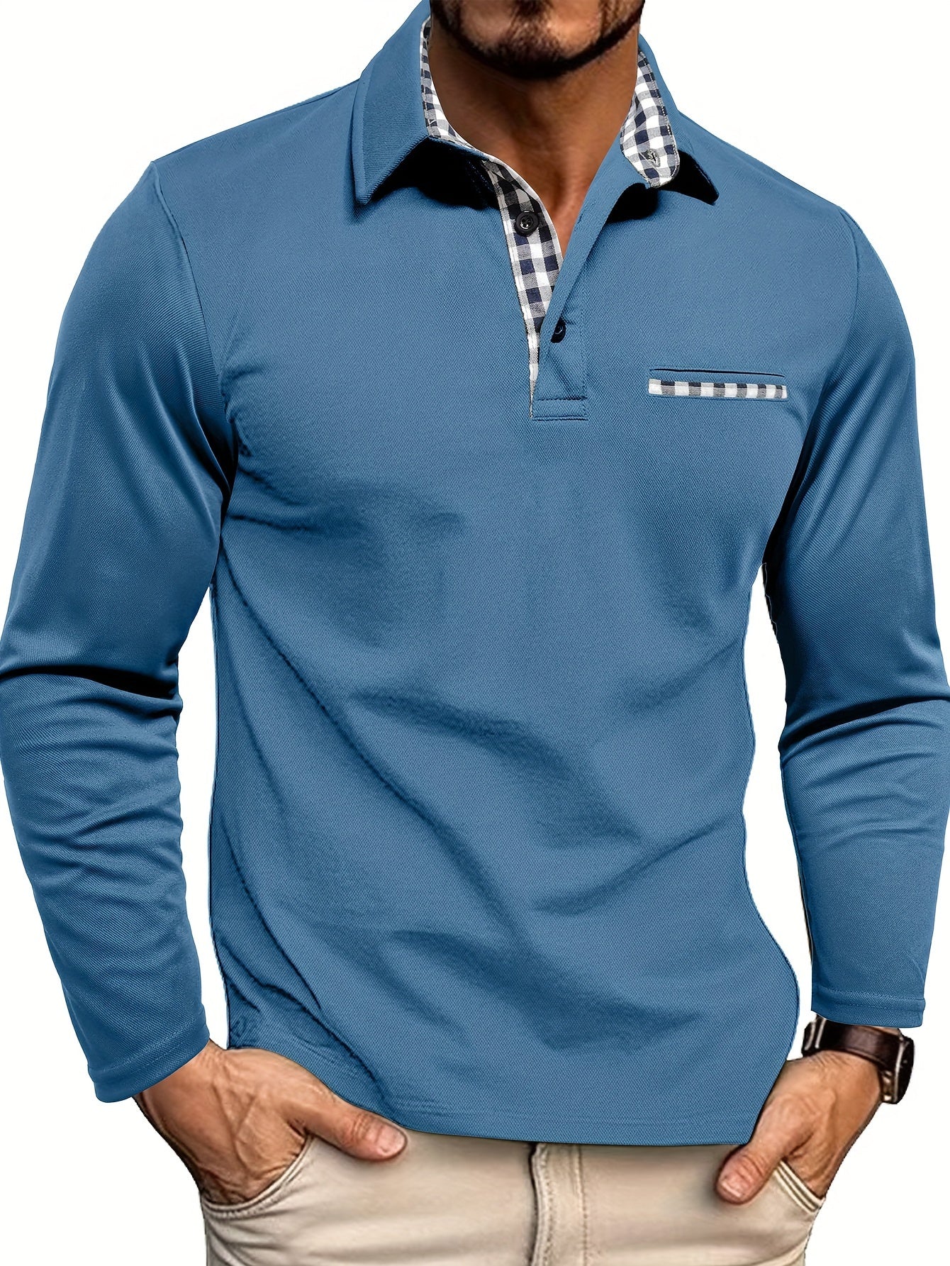 2024 Fall Casual Men'S Long Sleeve Polo Shirt with Color Block Design, Polyester Knit Fabric, Regular Fit, Half Placket, and Slight Stretch