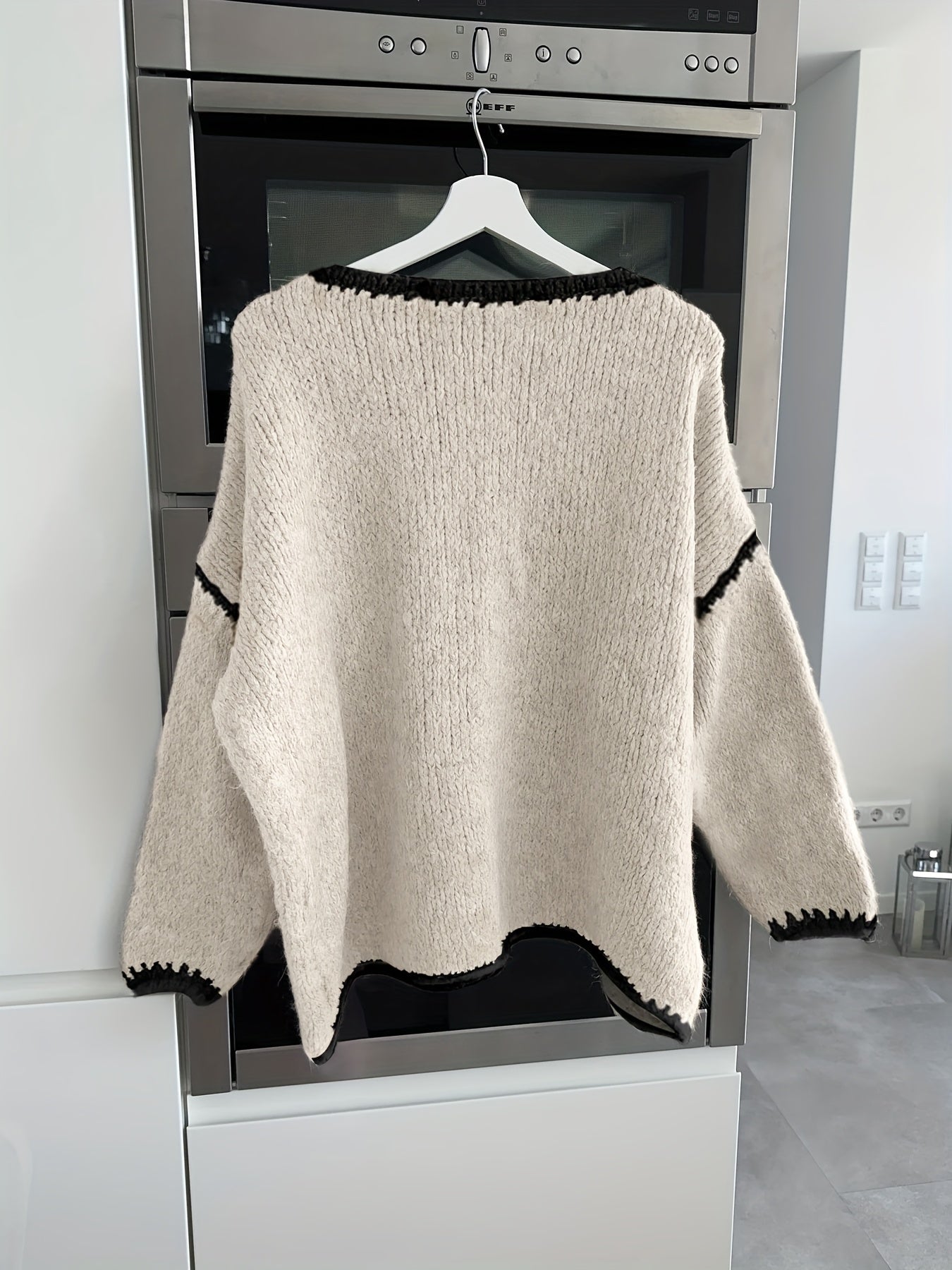 Solid Off-the-Shoulder Color Block Knit Sweater - Casual, Polyester, Fall/Winter, Knit Fabric, 88.2 g/m²