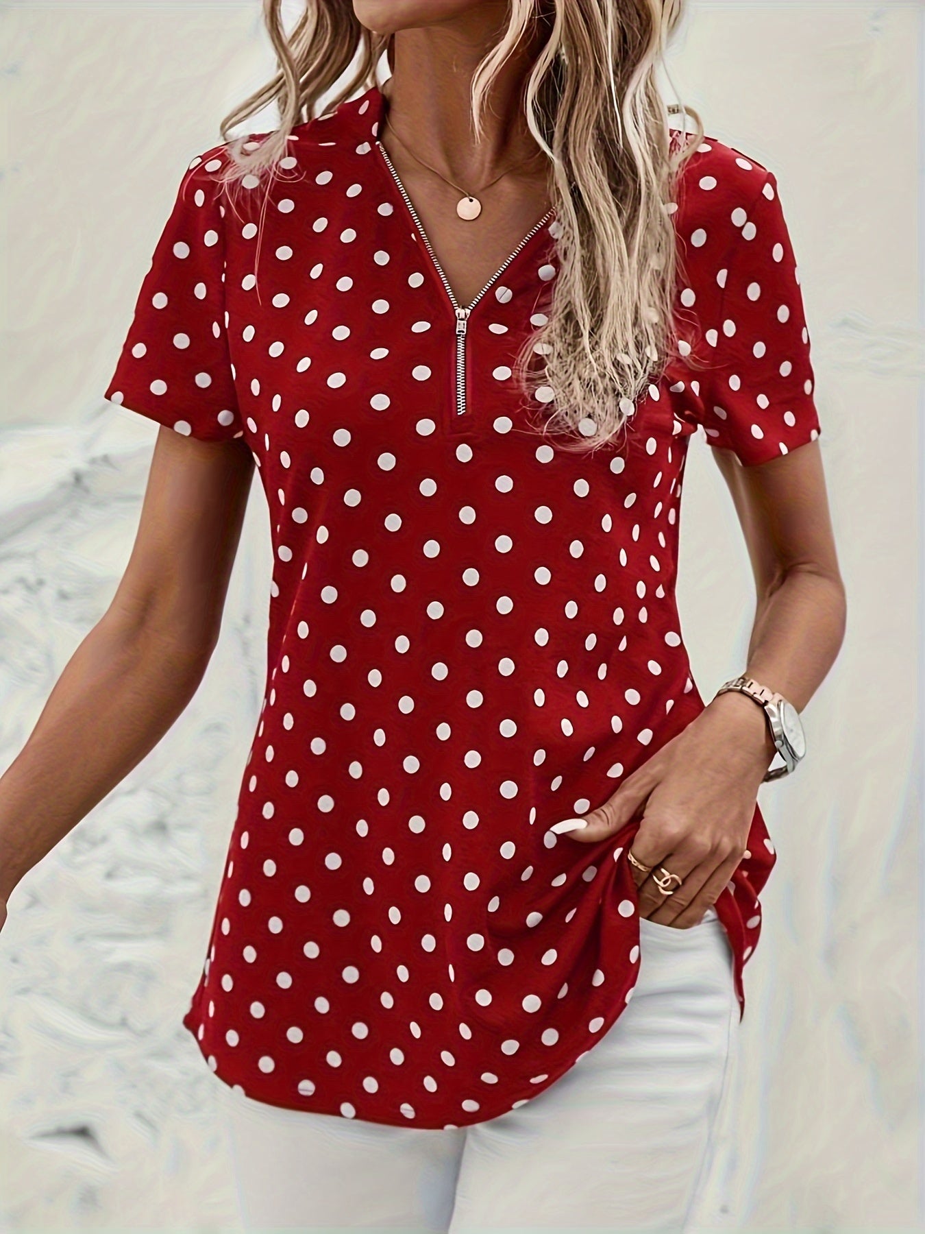 Elegant V Neck Short Sleeve Blouse - Polka Dots Print, Zipper Front, For Spring & Summer, Women's Clothing