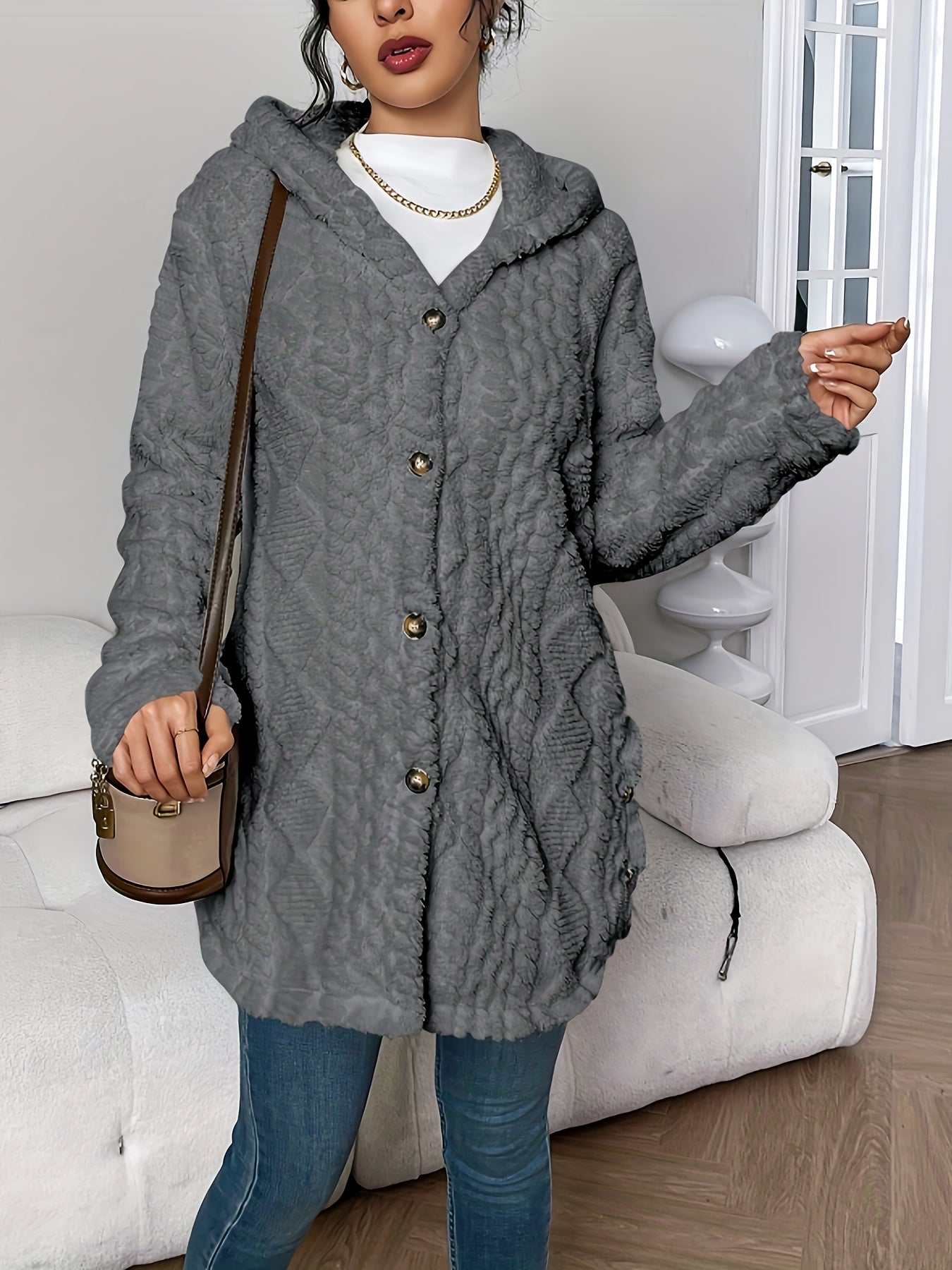 Autumn-Winter Warm Fashion Jacquard Plush Hooded Cardigan Coat