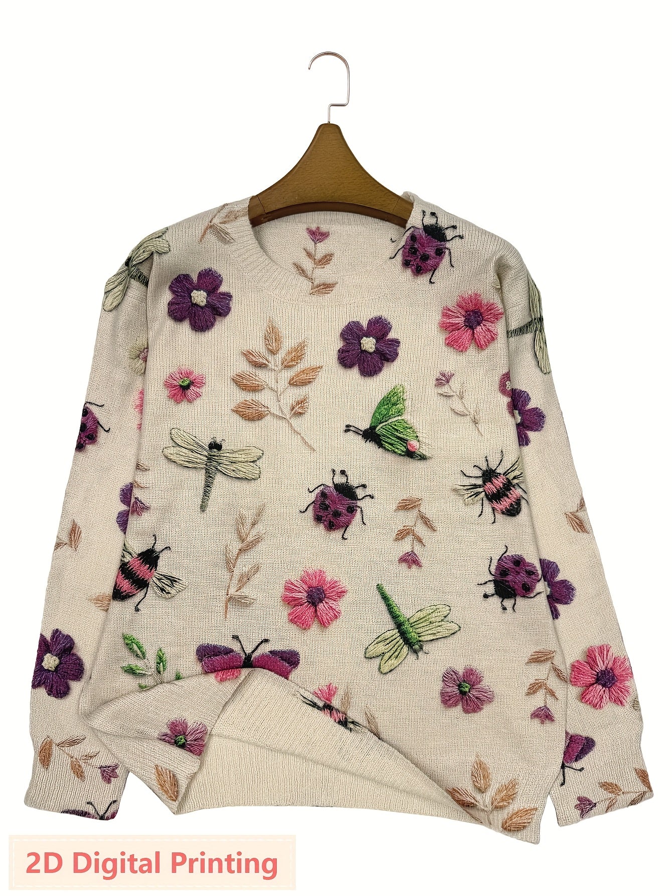 Women'S Lightweight Sweater - 2D Digital Printing-All-Over Floral & Insect Print in Beige/Red/Blue/Black/White/Gray/ - Soft Everyday Pullover for Fall/Winter - Casual Chic Sweater for Everyday & Formal Outfits - Women'S Sweater, Ladies Sweaters,