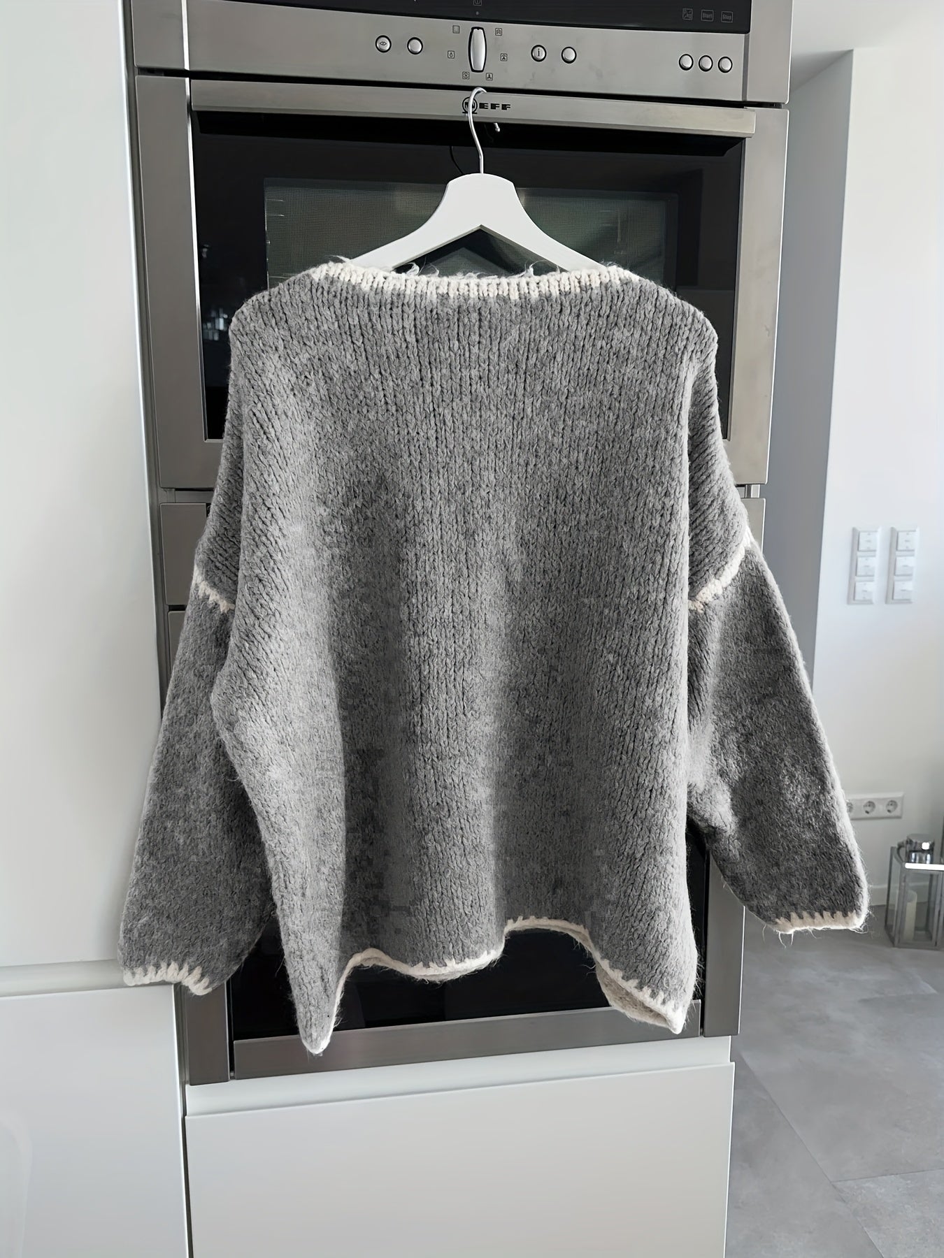 Solid Off-the-Shoulder Color Block Knit Sweater - Casual, Polyester, Fall/Winter, Knit Fabric, 88.2 g/m²