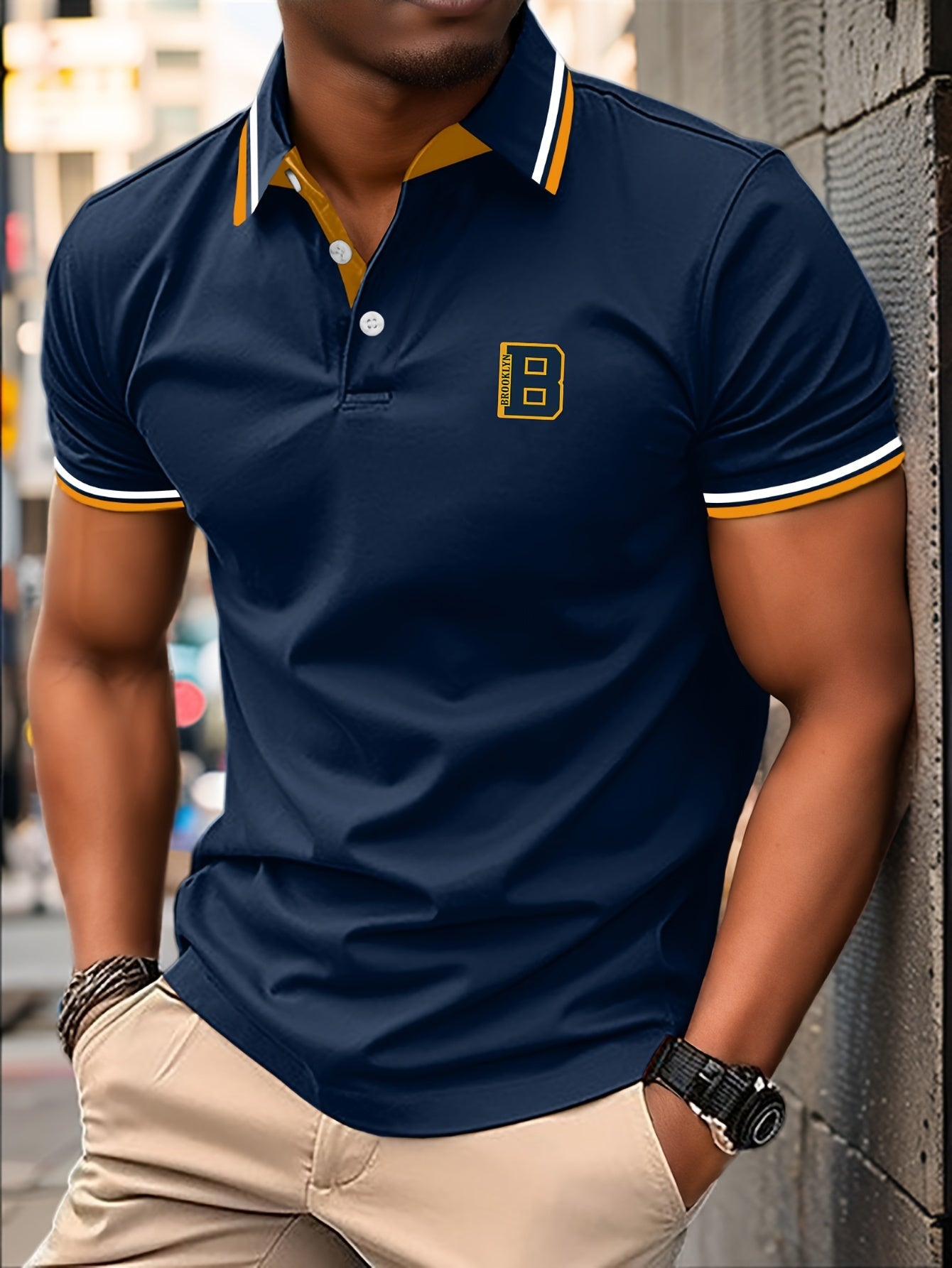 Men's Trendy Simple Letter Print Color Block Short Sleeve Button Up Lapel Shirt For Summer Daily, Golf Shirt