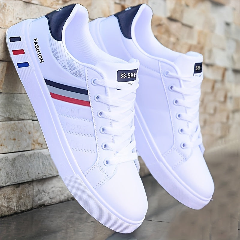 KOONEXY Men's Low-Top Sneakers - White Lace-Up Shoes with Cushioned PVC Sole, Breathable PU Upper for Gym, Casual, Outdoor - All-Season Sneakers for Everyday & Sports, Sleek Sporty Design, Comfortable Fit