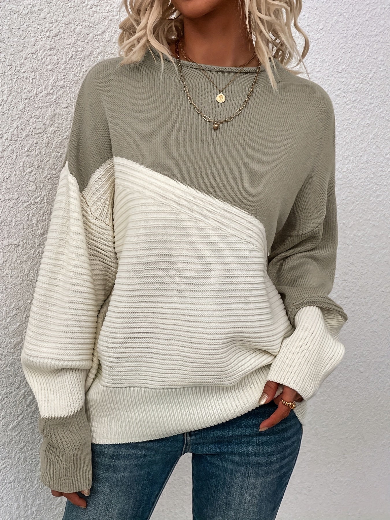Womens Elegant Color Block Funnel Neck Pullover Sweater - Soft High Elasticity Acrylic Knit Fabric, Long Sleeve Drop Shoulder Design, Easy Care Hand Wash or Dry Clean, Perfect for Fall and Winter - Classic Style for Casual Daily Wear