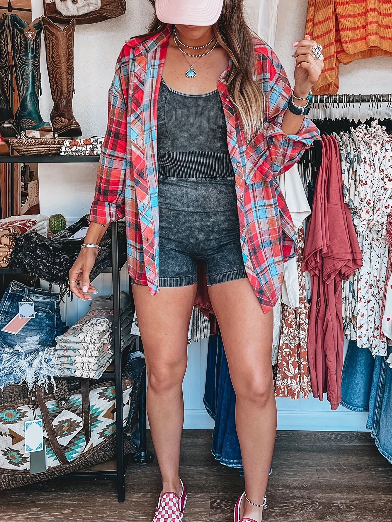 Targeted Development of a Red, Blue, And Multicolored Casual Checkered Shirt.