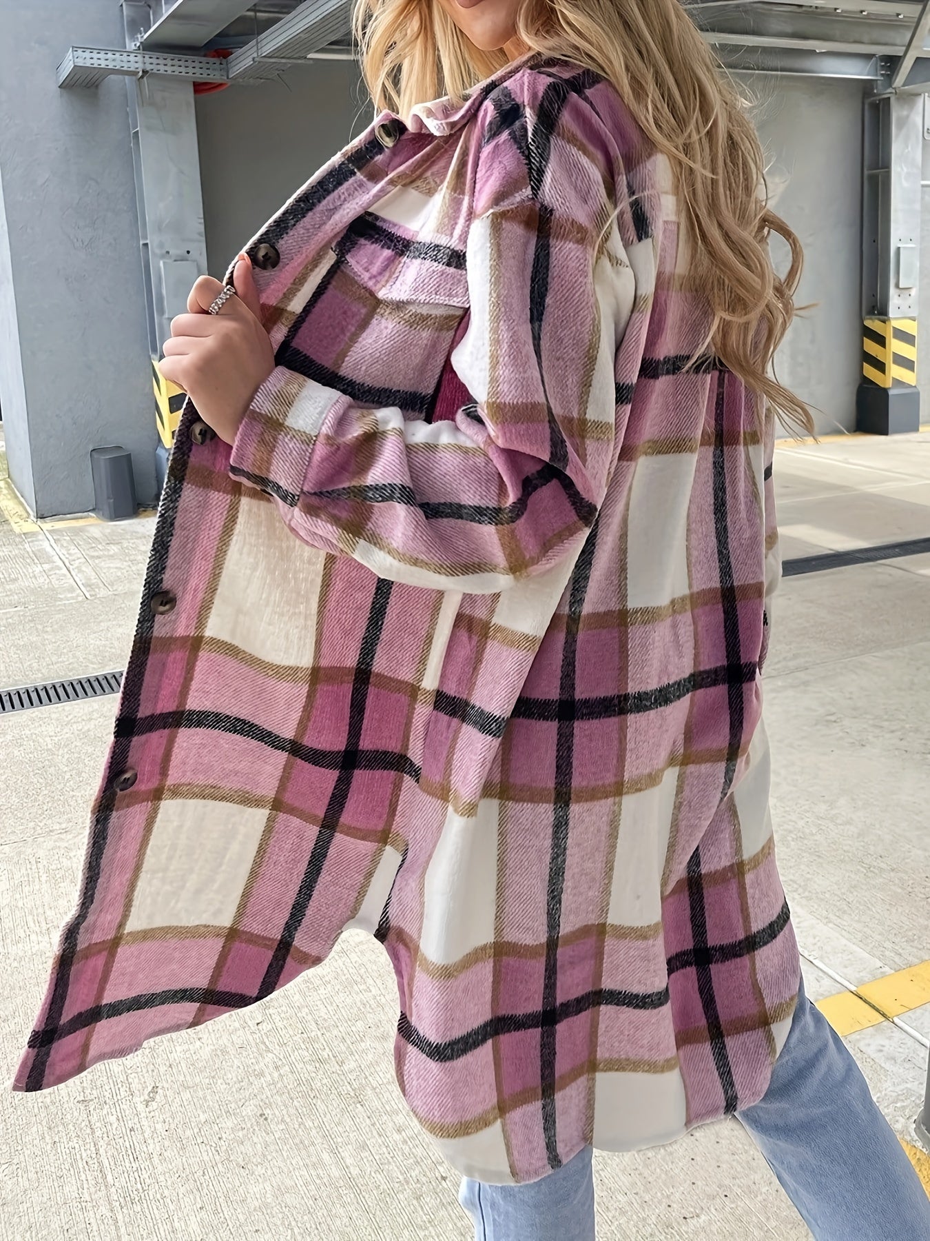 Stylish Plaid Print Womens Long Jacket - Relaxed Casual Button Front with Flap Pockets - Durable Outerwear for Everyday Fashion