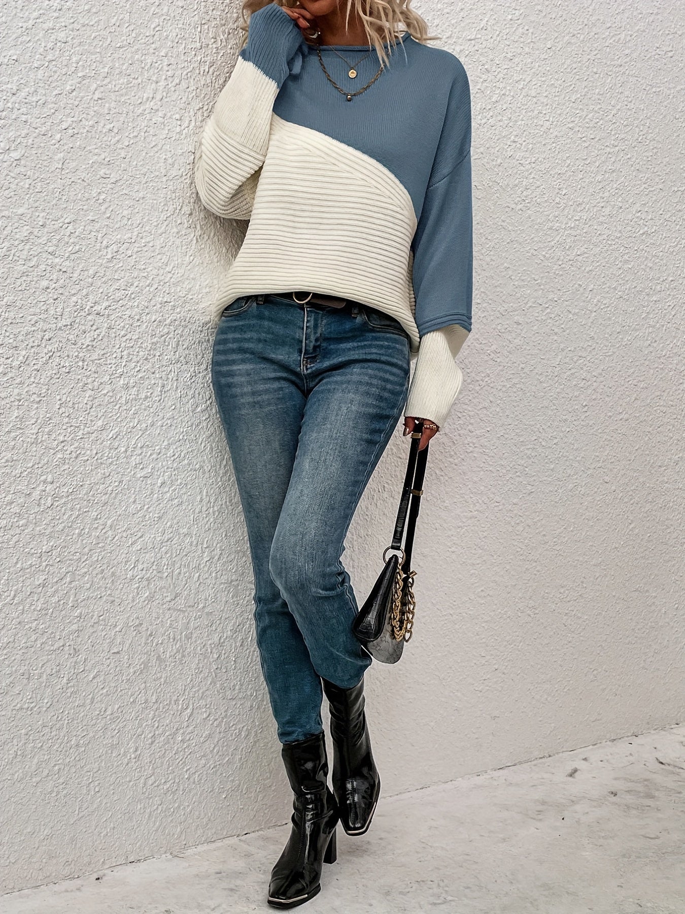 Womens Elegant Color Block Funnel Neck Pullover Sweater - Soft High Elasticity Acrylic Knit Fabric, Long Sleeve Drop Shoulder Design, Easy Care Hand Wash or Dry Clean, Perfect for Fall and Winter - Classic Style for Casual Daily Wear