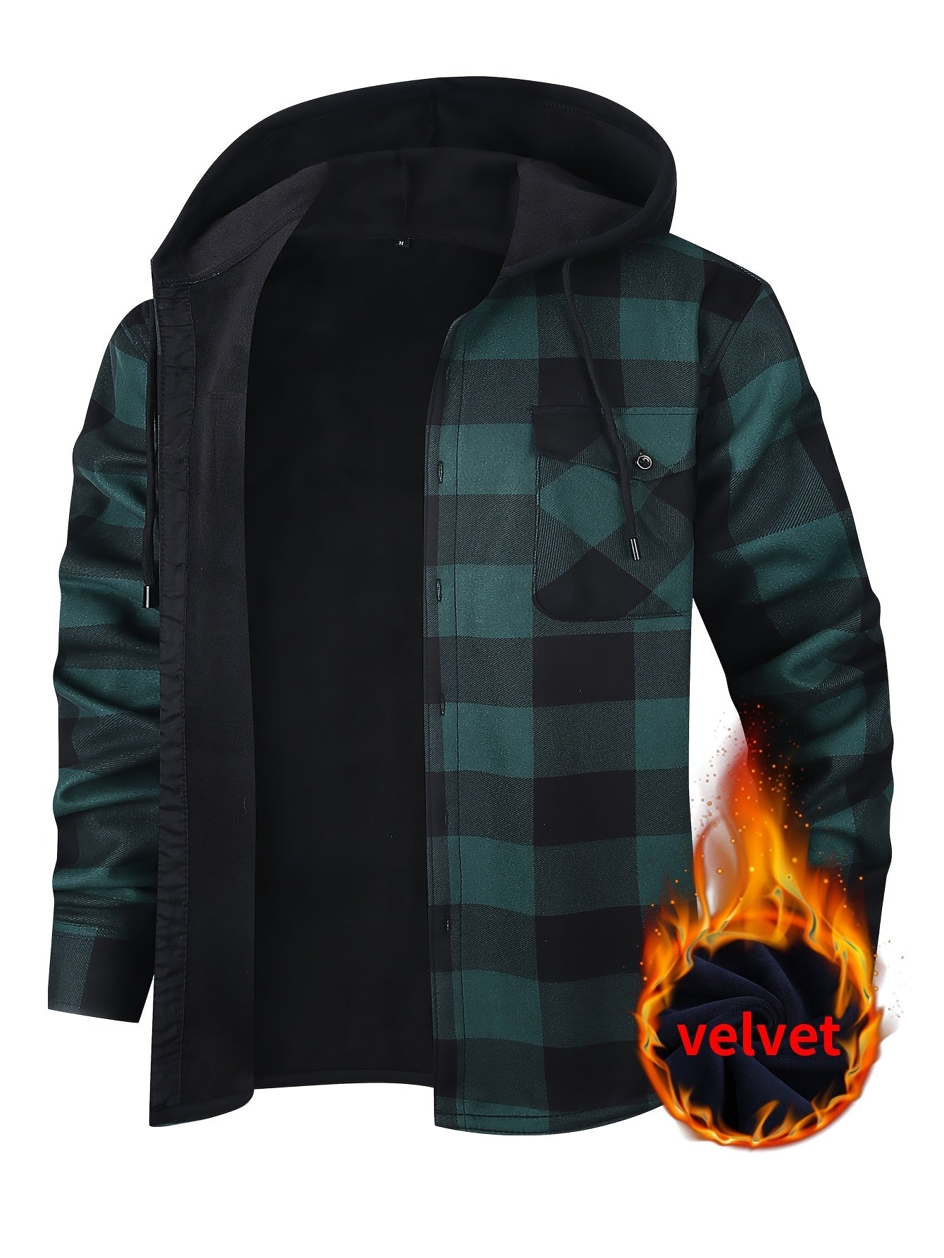 Men's Fleece-Lined Hoodie - Casual & Sporty, Plaid Pullover with Button Detail, Long Sleeve, Loose Fit for Fall/Winter