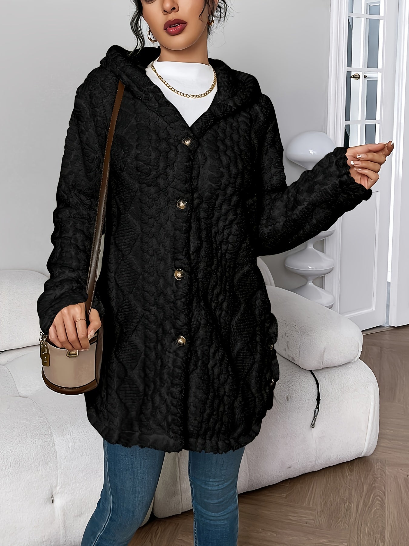 Autumn-Winter Warm Fashion Jacquard Plush Hooded Cardigan Coat