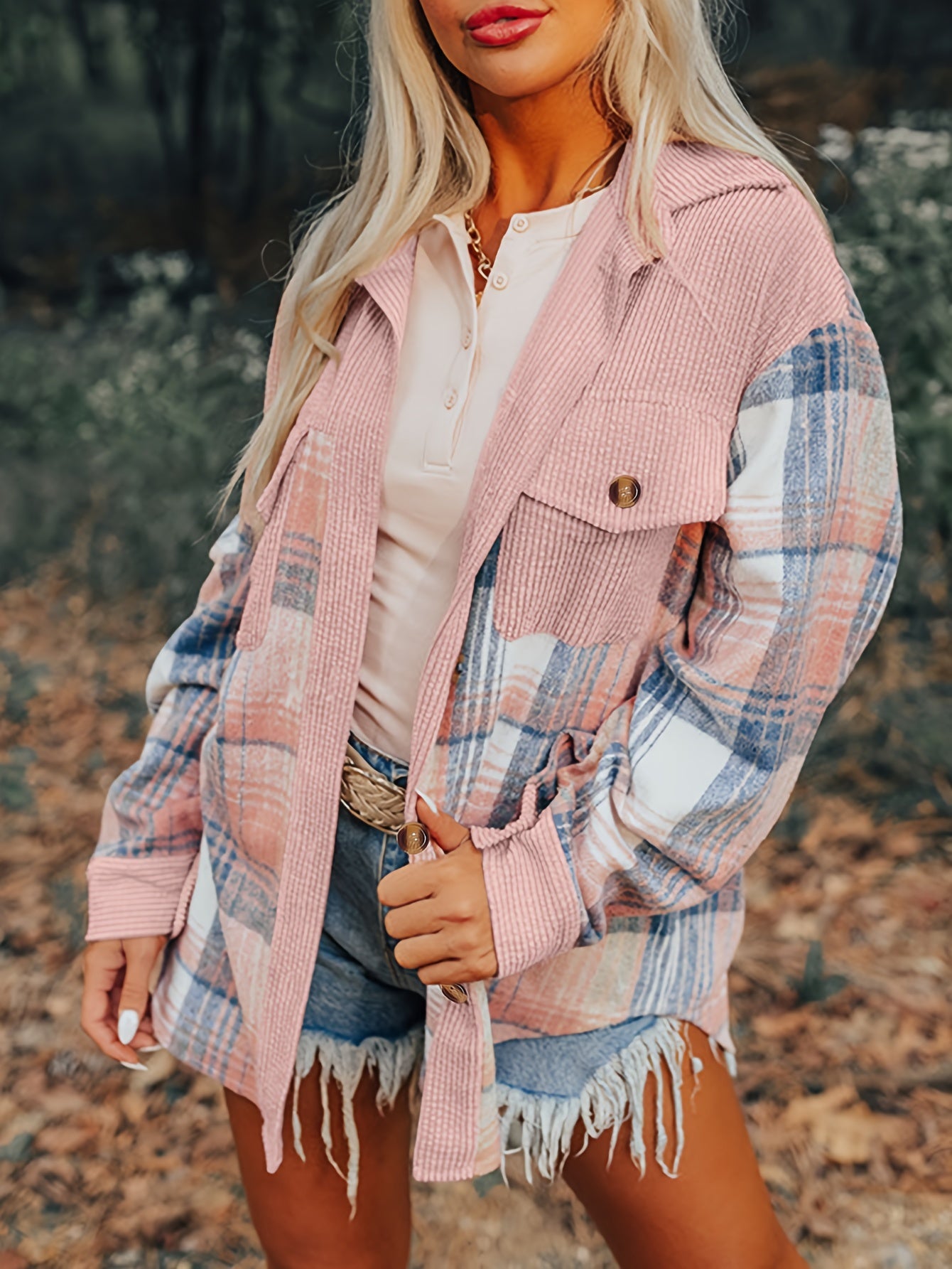 Plaid Print Drop Shoulder Jacket, Casual Lapel Neck Long Sleeve Button Front Jacket For Fall & Spring, Women's Clothing