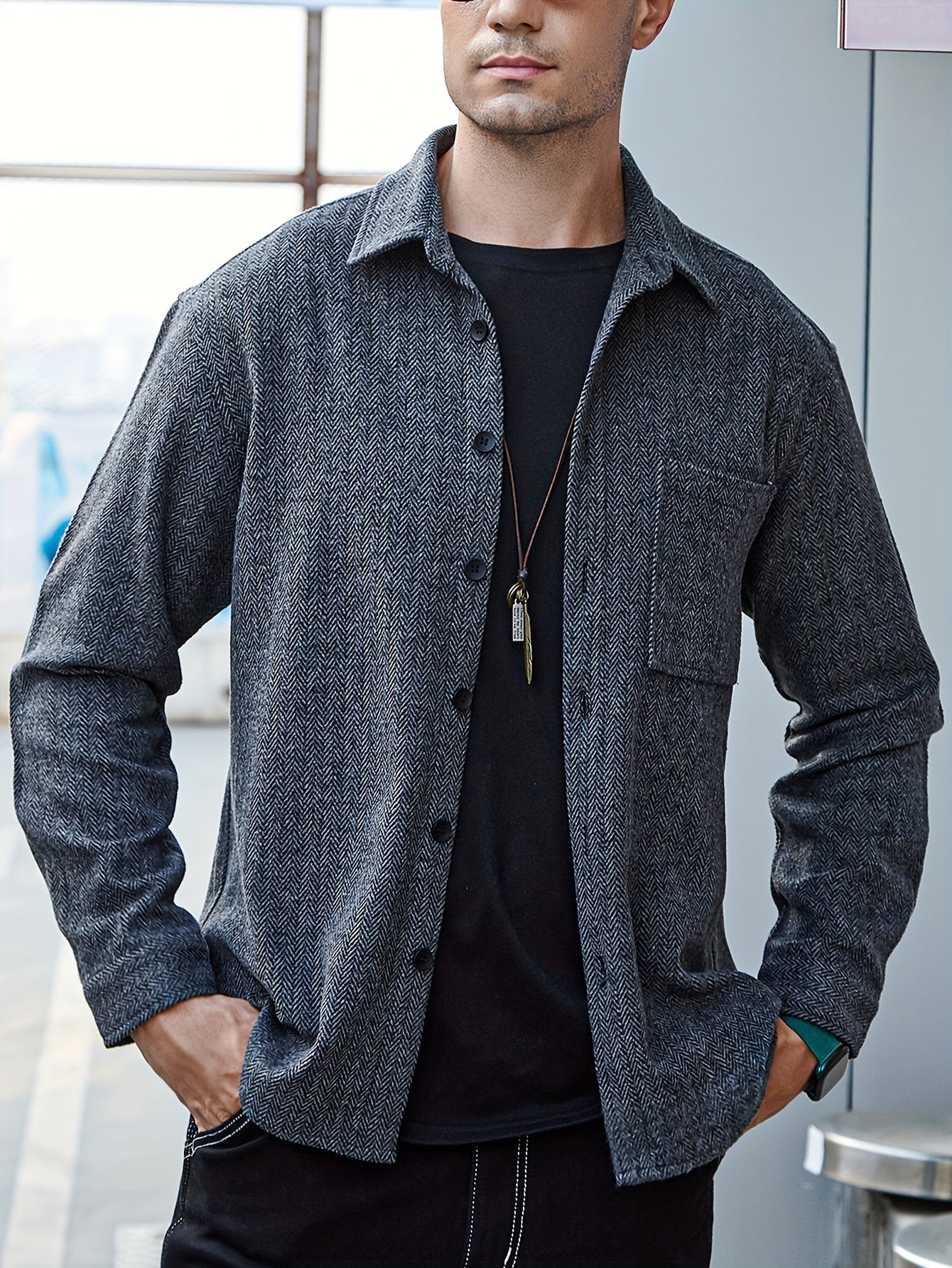 Various Pattern Men's Casual Long Sleeve Lapel Shirt, Men's Thick Outwear For Fall Winter