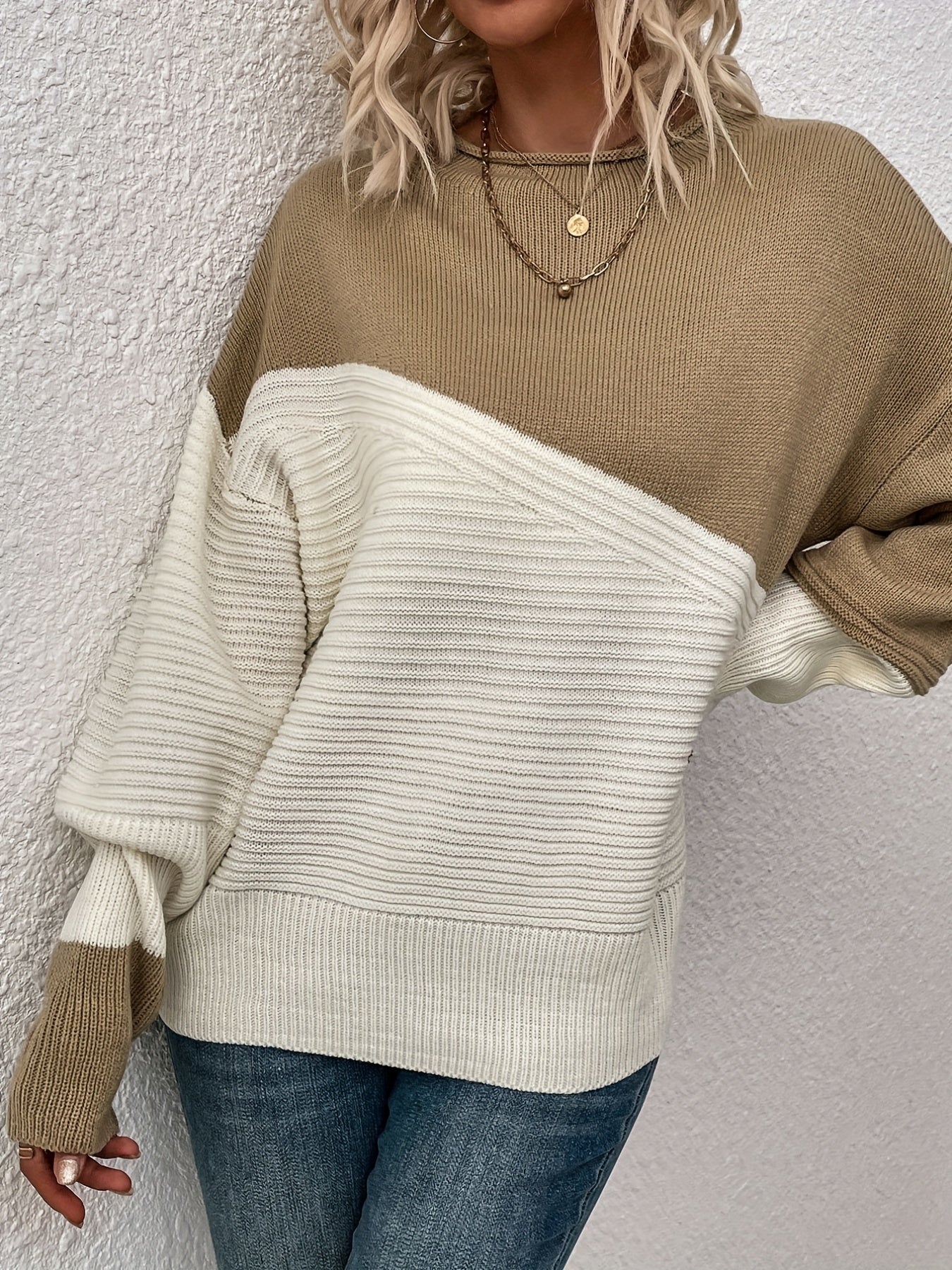 Womens Elegant Color Block Funnel Neck Pullover Sweater - Soft High Elasticity Acrylic Knit Fabric, Long Sleeve Drop Shoulder Design, Easy Care Hand Wash or Dry Clean, Perfect for Fall and Winter - Classic Style for Casual Daily Wear