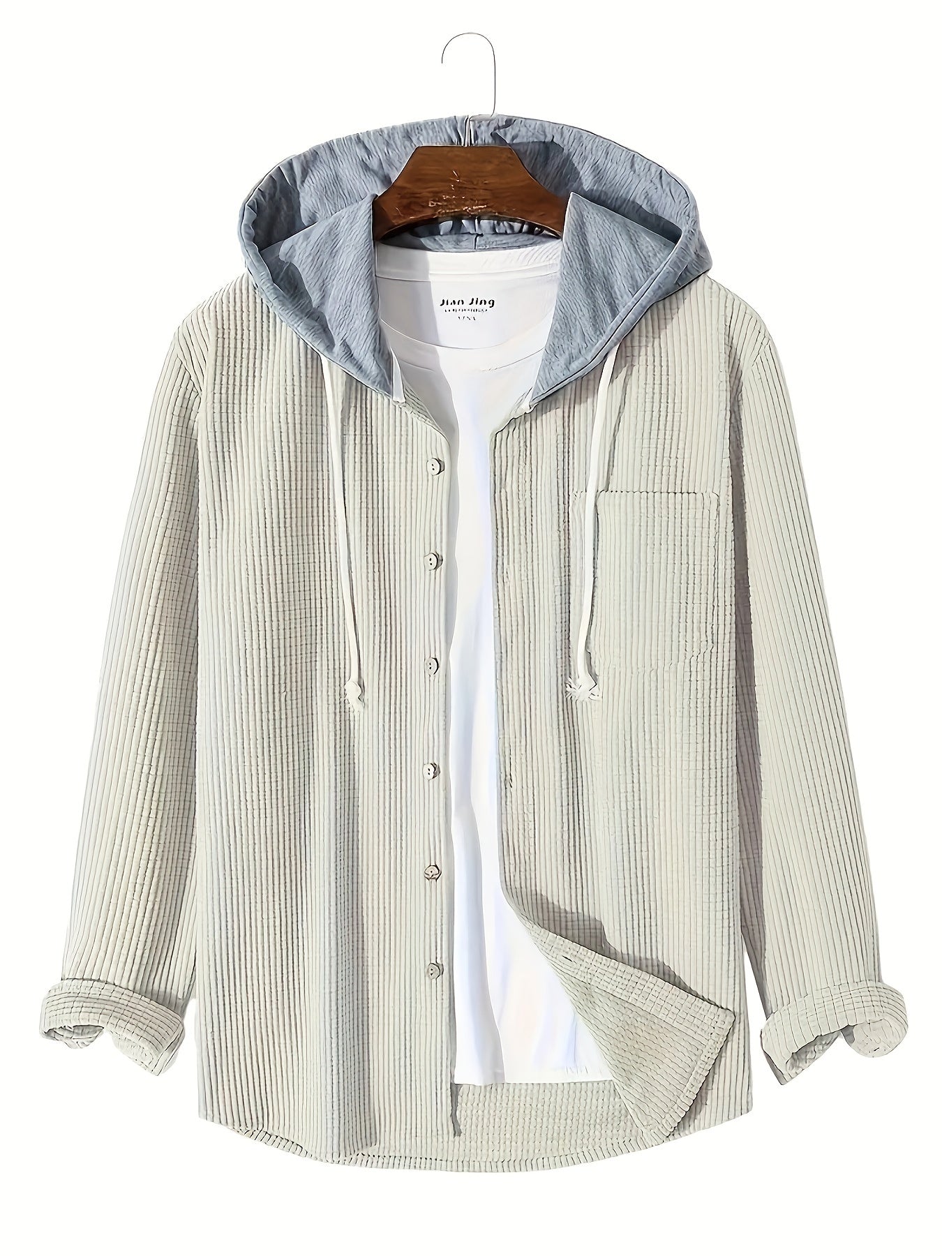 Men'S Casual Long Sleeve Hooded Jacket - Corduroy Solid Color with Pockets, Button-Up Front, Rayon Blend, Fall/Winter Outerwear, Casual Wear Hoodie | Hooded Sweatshirt | Textured Jacke