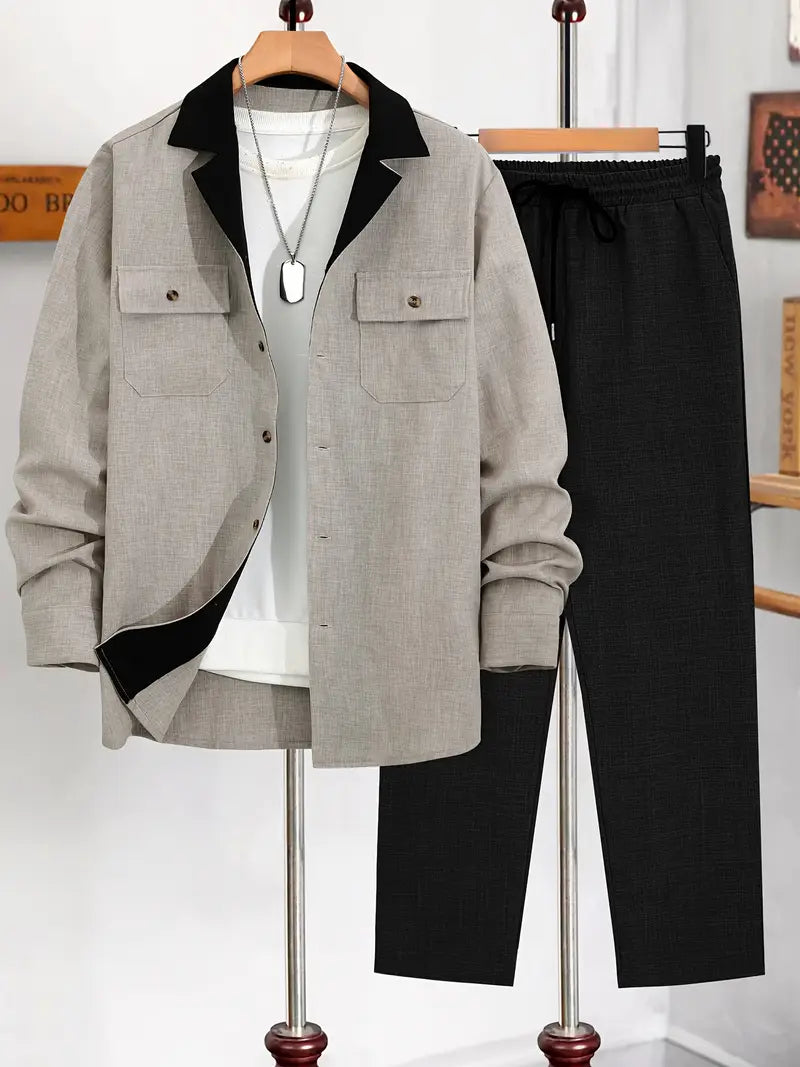 Polyester Button-Up Long Sleeve 2-Piece Pants