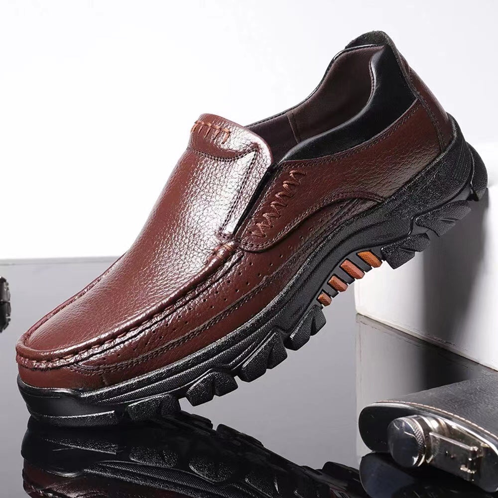 Men's Genuine Leather Slip-On Dress Shoes for Fathers Age 40-50 - Slip-Resistant Rubber Sole, Round Toe Comfort, All-Season Casual & Business Casual Shoes (Brown, Size Up to 50), Versatile Footwear | Side Zipper Design | Durable Footwear