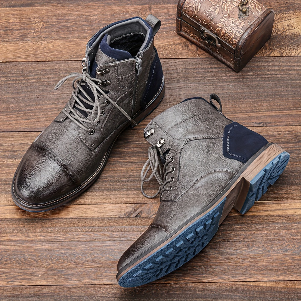 Men'S Boots in Brown with PU Patchwork Upper, Side Zipper, And Two-Tone Rubber Sole.