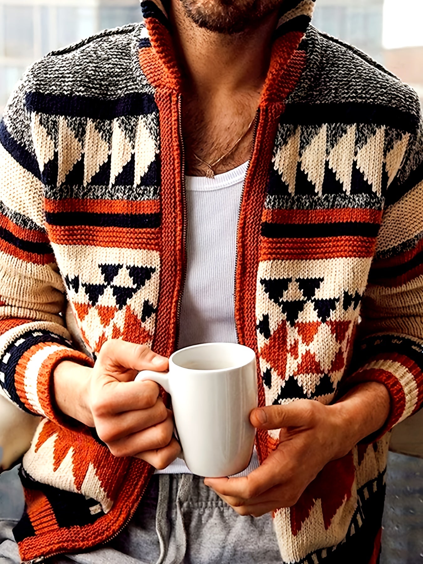 Men's Casual Sport Sweater, Zip-Up Stand Collar Design with Warmth and Style, Rich Color Palette Featuring Geometric Patterns in Unique Ethnic and Retro Aesthetic, Perfect for Autumn and Early Winter Wear