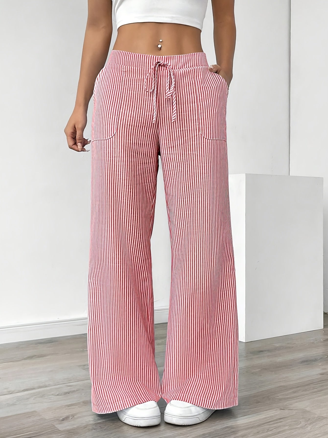 Slant Pockets Wide Leg Pants, Casual Striped Print Loose Drawstring Waist Pants For Spring & Summer, Women's Clothing