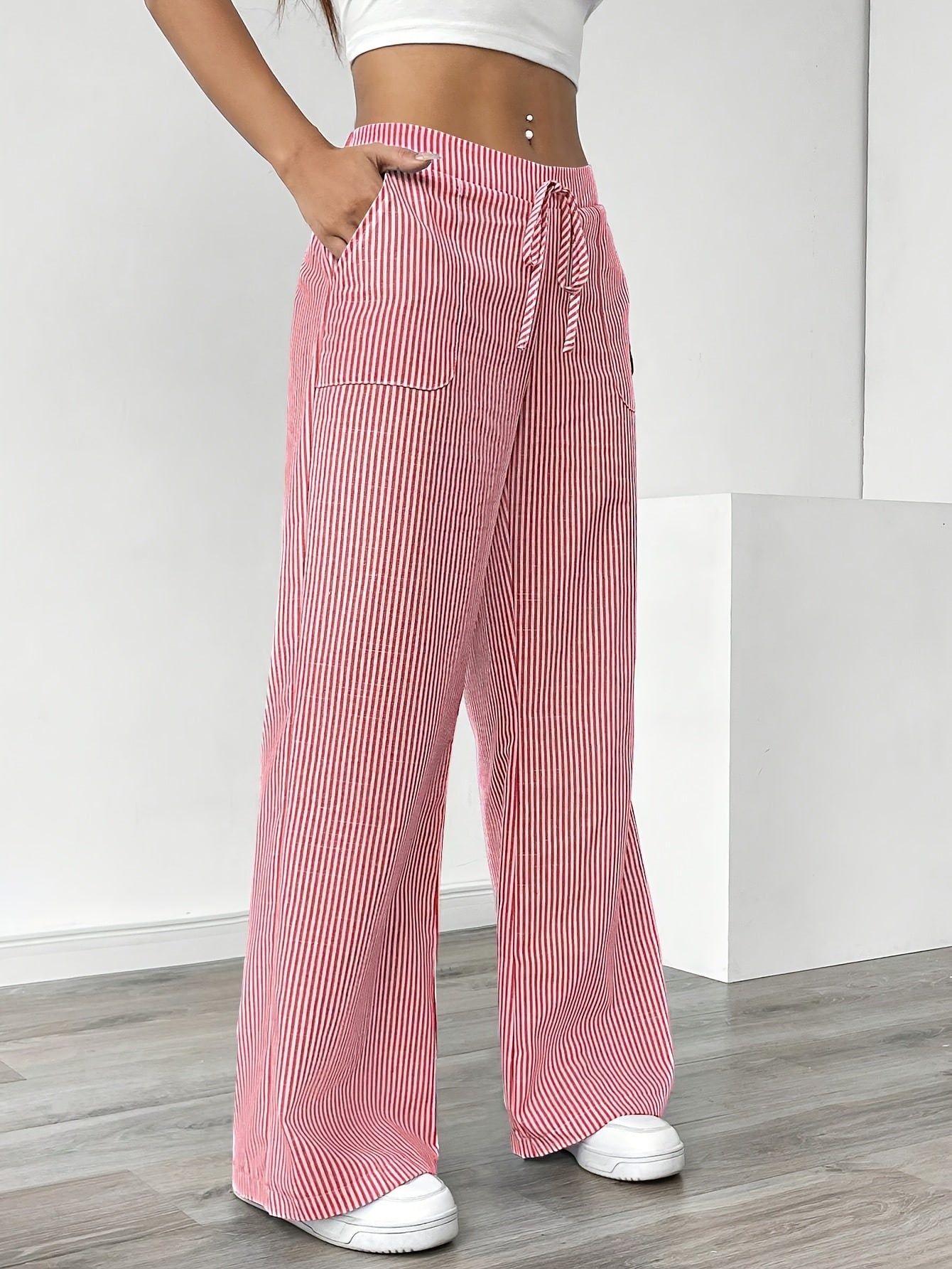 Slant Pockets Wide Leg Pants, Casual Striped Print Loose Drawstring Waist Pants For Spring & Summer, Women's Clothing