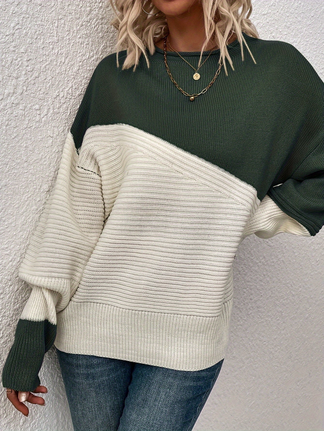Womens Elegant Color Block Funnel Neck Pullover Sweater - Soft High Elasticity Acrylic Knit Fabric, Long Sleeve Drop Shoulder Design, Easy Care Hand Wash or Dry Clean, Perfect for Fall and Winter - Classic Style for Casual Daily Wear