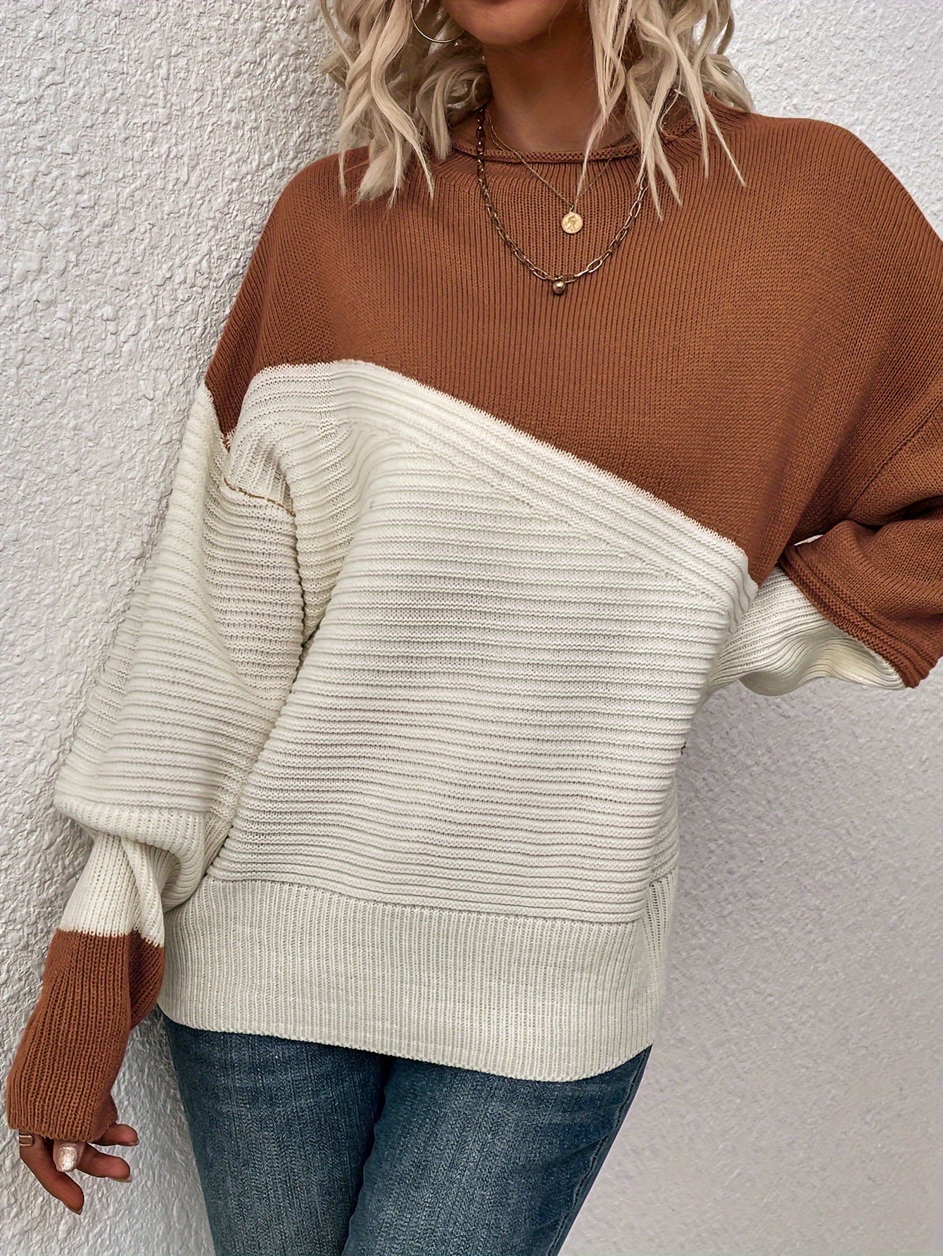 Womens Elegant Color Block Funnel Neck Pullover Sweater - Soft High Elasticity Acrylic Knit Fabric, Long Sleeve Drop Shoulder Design, Easy Care Hand Wash or Dry Clean, Perfect for Fall and Winter - Classic Style for Casual Daily Wear