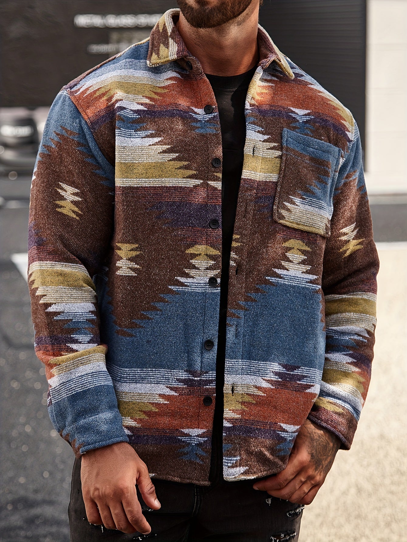 Various Pattern Men's Casual Long Sleeve Lapel Shirt, Men's Thick Outwear For Fall Winter