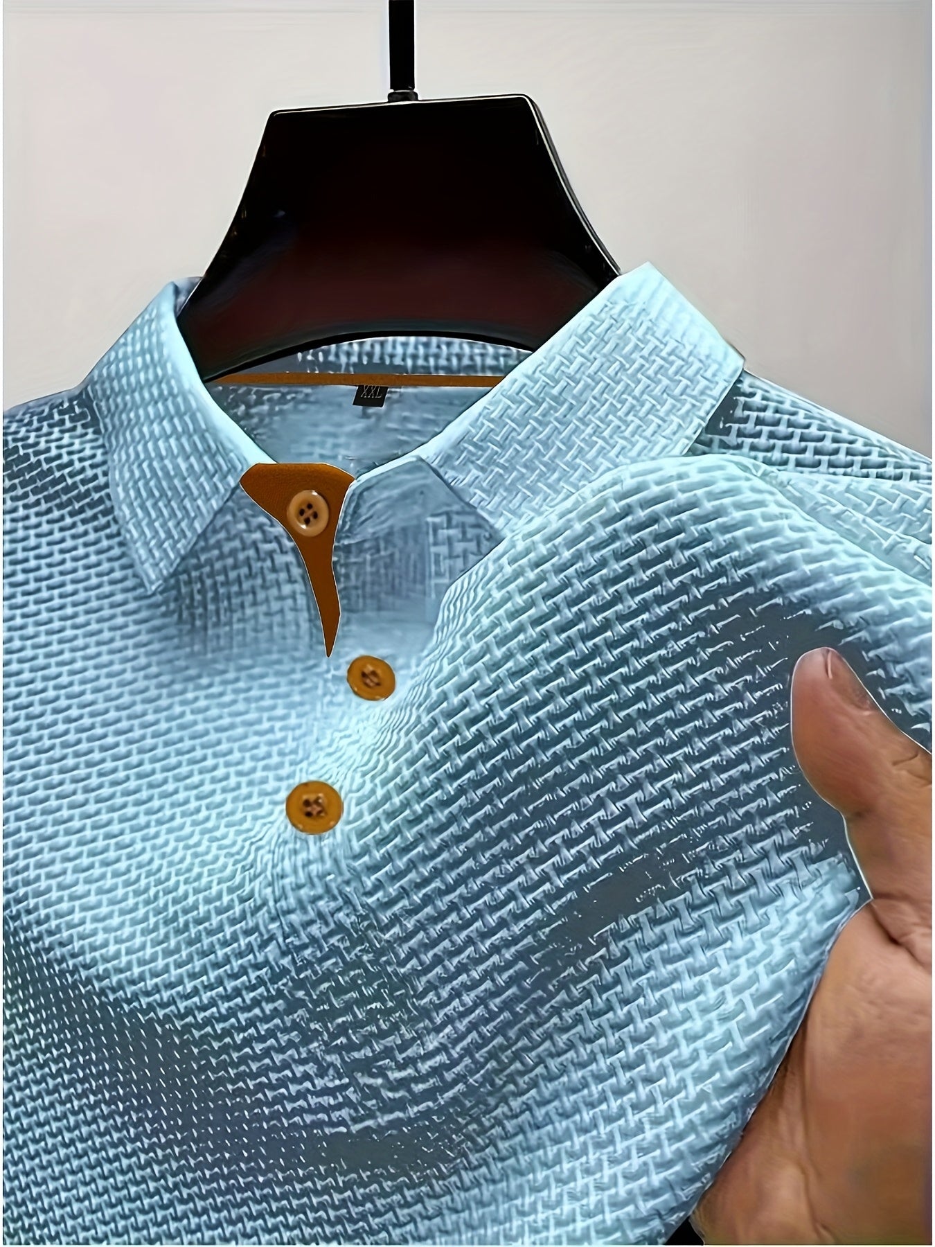 Men's Summer Ice Silky Fiber Short-Sleeve T-Shirt - Breathable Striped Casual Top with Classic Lapel Collar & Button Detail, Regular Fit for Casual Attire, Subtle Texture Shirt