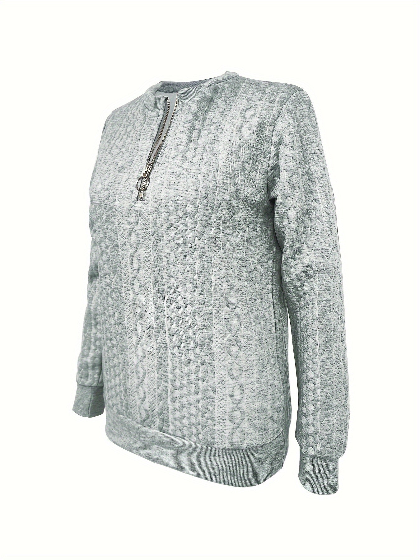 Chic Women's Half-Zip Pullover Sweatshirt - Elegant Solid Color Long Sleeve with Textured Cable Knit, Baseball Collar & Front Zipper, Polyester Blend, Machine Washable, Spring/Fall Casual Wear, Everyday Sweatshirt | Baseball Collar Top | Ribbed