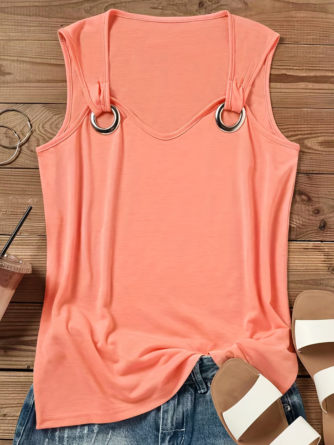 Women's Casual Sleeveless Crew Neck Tank Top - Vibrant Coral Solid Color with Keyhole Cutouts & Ring Detail, Lightweight Summer Top, Machine Washable, Ladies Tank Tops, Easycare Clothing
