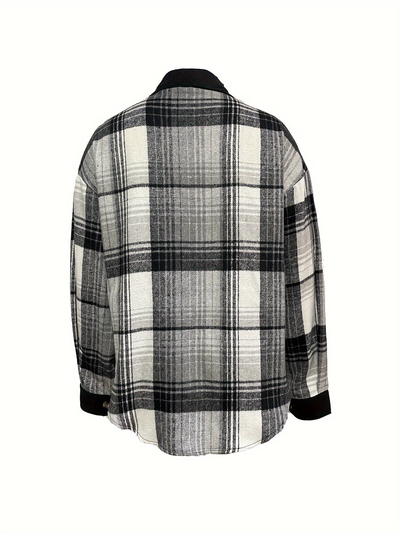 Plaid Print Drop Shoulder Jacket, Casual Lapel Neck Long Sleeve Button Front Jacket For Fall & Spring, Women's Clothing