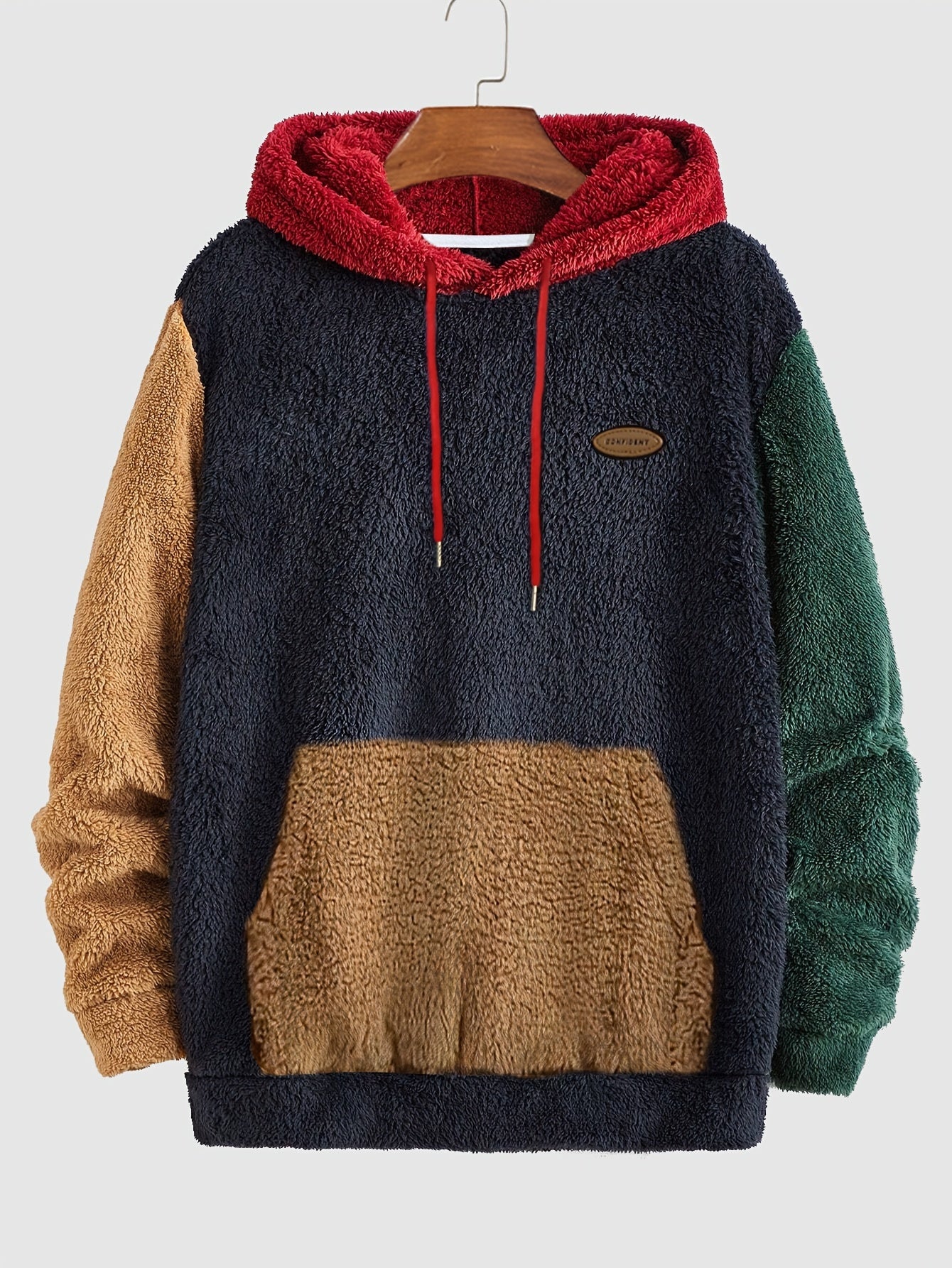 Men's Multicolor Plush Hoodie with Contrast Embroidery, Warm for Autumn/Winter, Long Sleeve, Machine Washable