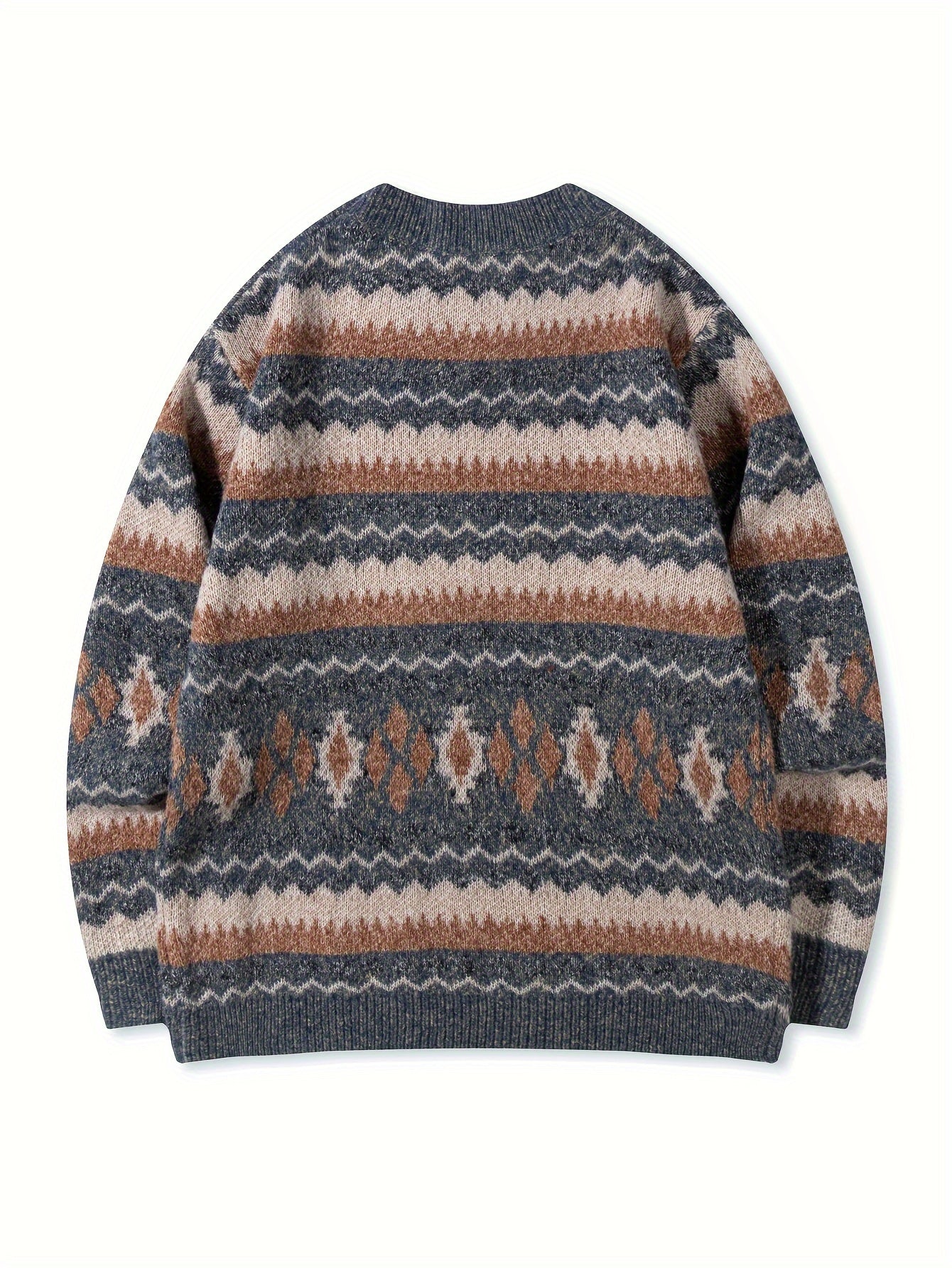 Men's Casual Color-Block Geometric Knit Sweater - Loose Fit Ribbed Detail Pullover, Machine Washable Autumn Winter Warm Crewneck Sweater for Casual Attire, Knitted Sweater, Durable Winter Wear
