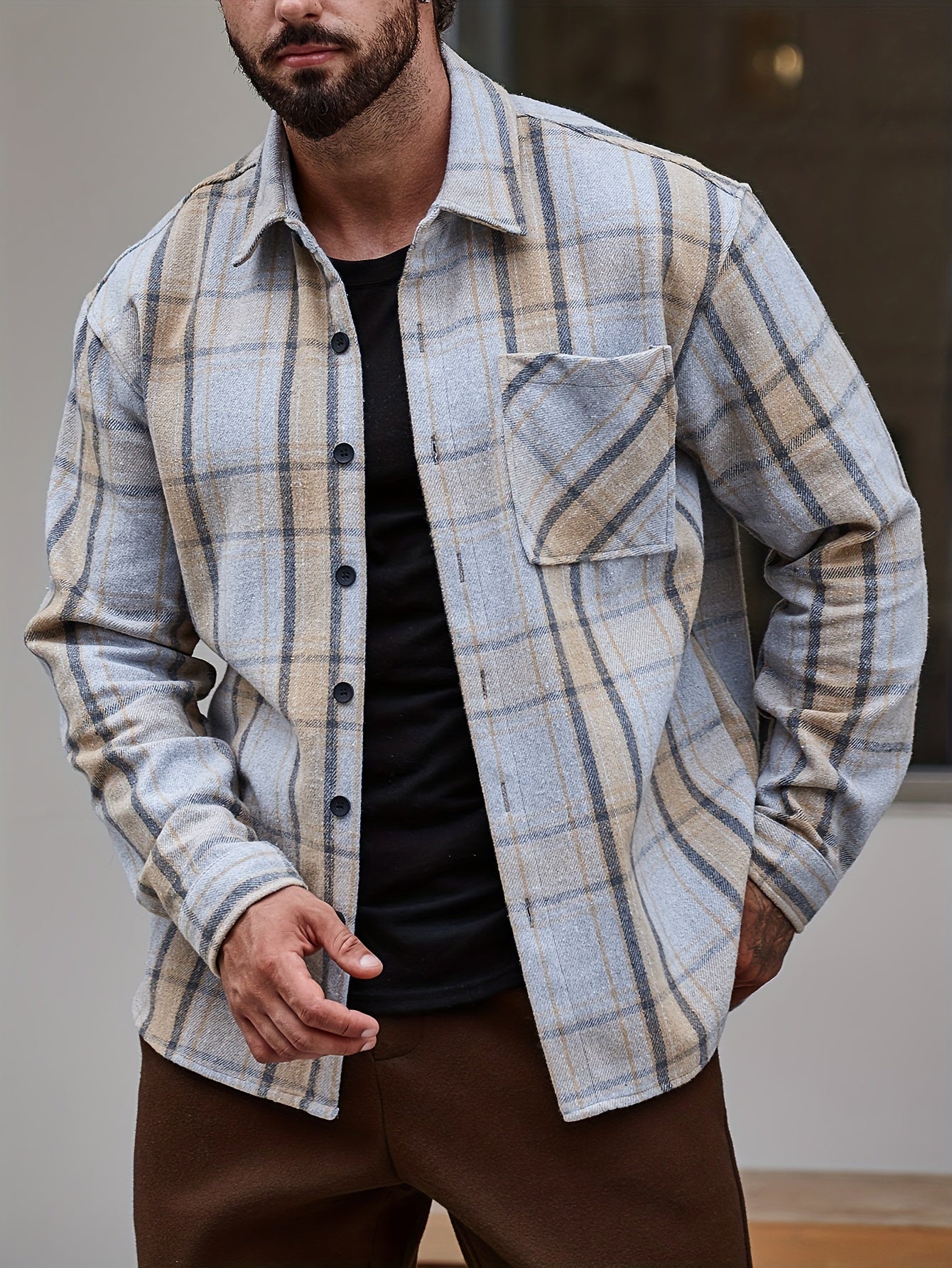 Men's Casual Flannel Shirt Coat - Solid Color Lapel Button-Up with Chest Pocket, Machine Washable Non-Stretch Fabric, Regular Fit Autumn Winter Outerwear, Autumn Apparel, Flannel, Long Sleeve Button Casual Shirt