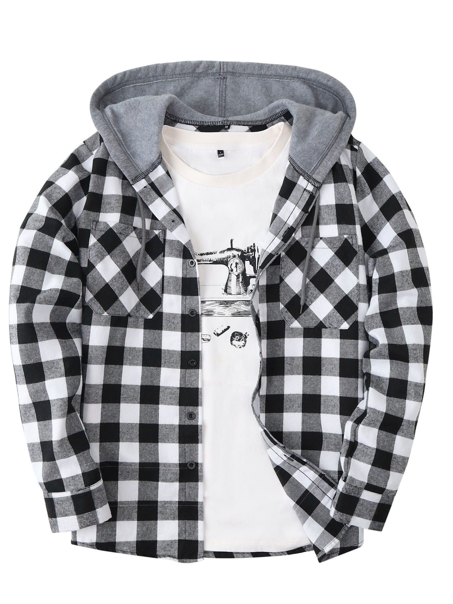 Men's Casual Plaid Hoodie Shirt - Long Sleeve Button-Up with Drawstring Hood, Red & Yellow Gingham Print, Polyester Blend, Comfortable and Stylish for Casual Attire, Essential Hoodie