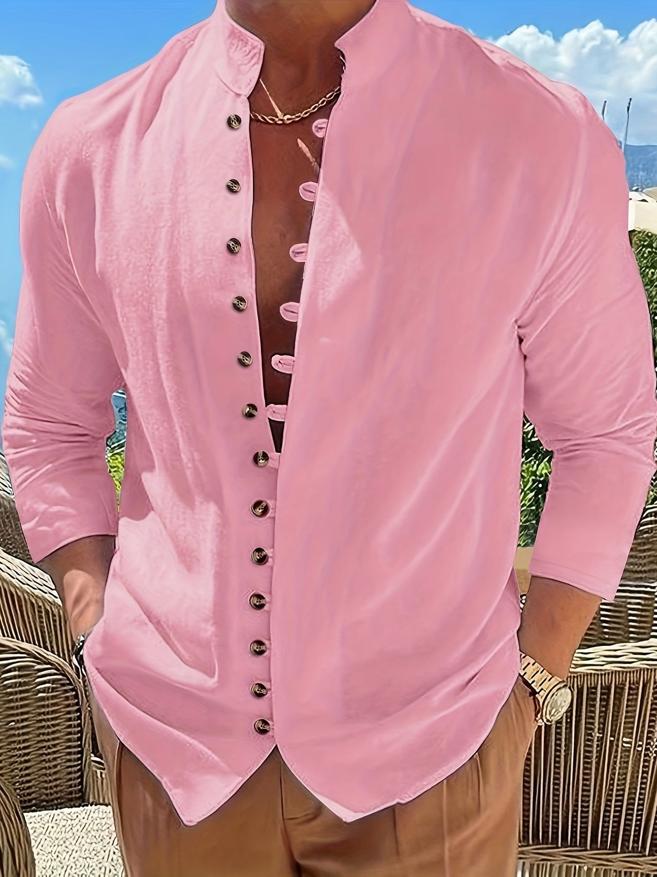 Men's Retro Casual Loose Long Sleeve Round Neck Button-Up Shirt, Gift for Eld, Gift for Ramadan