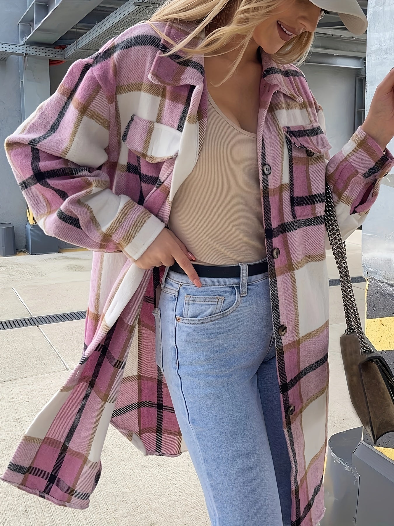 Stylish Plaid Print Womens Long Jacket - Relaxed Casual Button Front with Flap Pockets - Durable Outerwear for Everyday Fashion