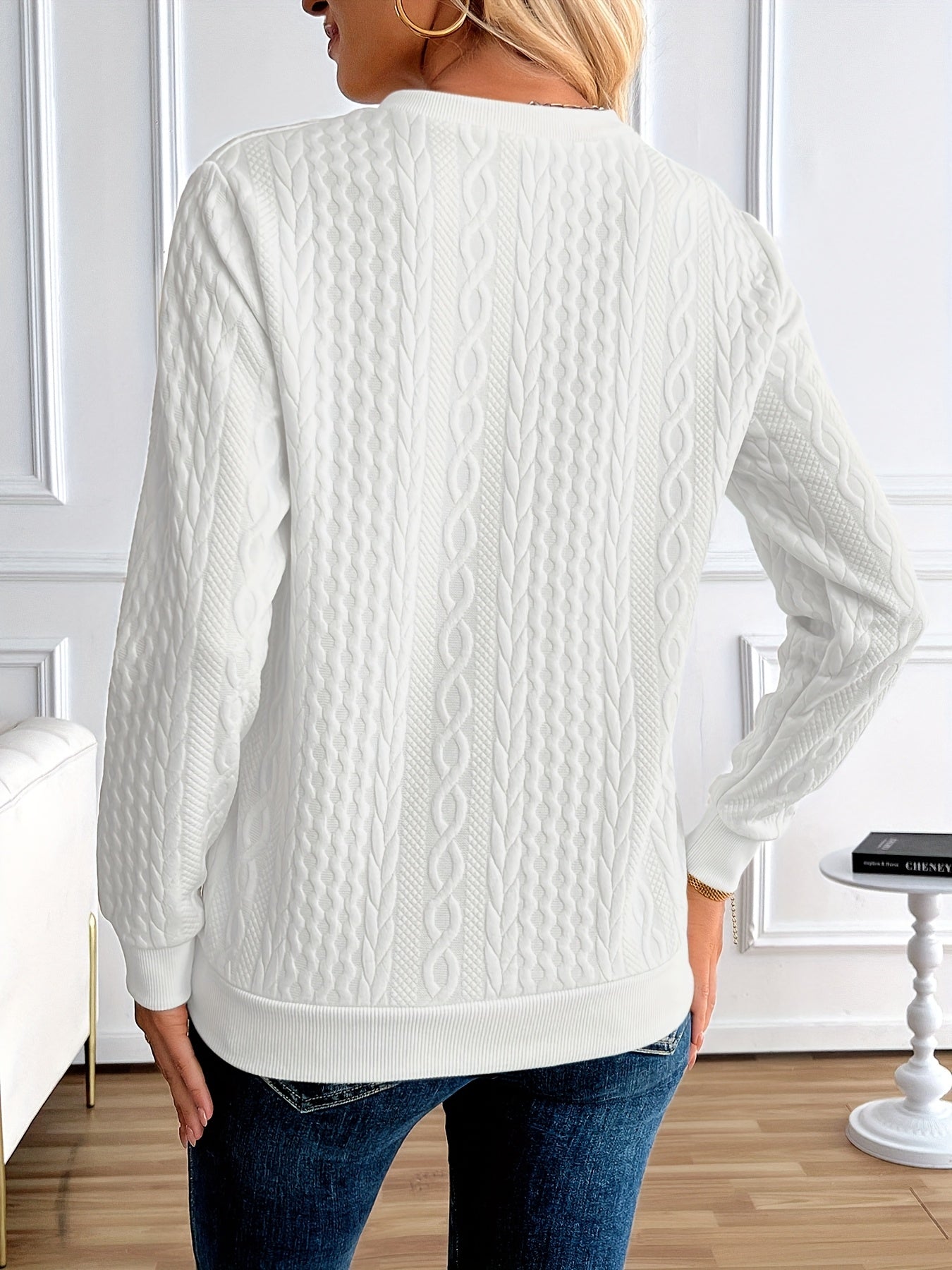Chic Women's Half-Zip Pullover Sweatshirt - Elegant Solid Color Long Sleeve with Textured Cable Knit, Baseball Collar & Front Zipper, Polyester Blend, Machine Washable, Spring/Fall Casual Wear, Everyday Sweatshirt | Baseball Collar Top | Ribbed