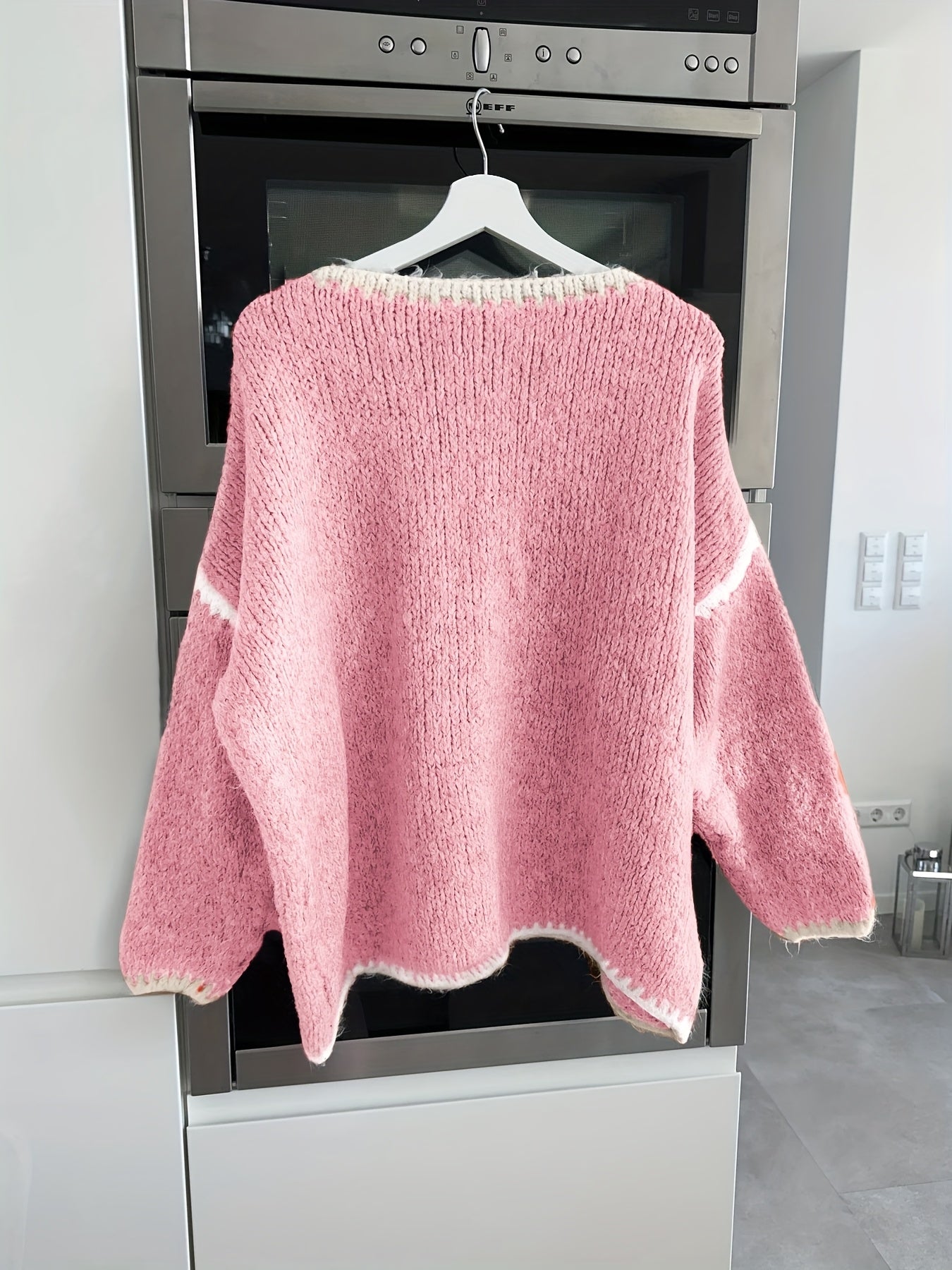 Solid Off-the-Shoulder Color Block Knit Sweater - Casual, Polyester, Fall/Winter, Knit Fabric, 88.2 g/m²