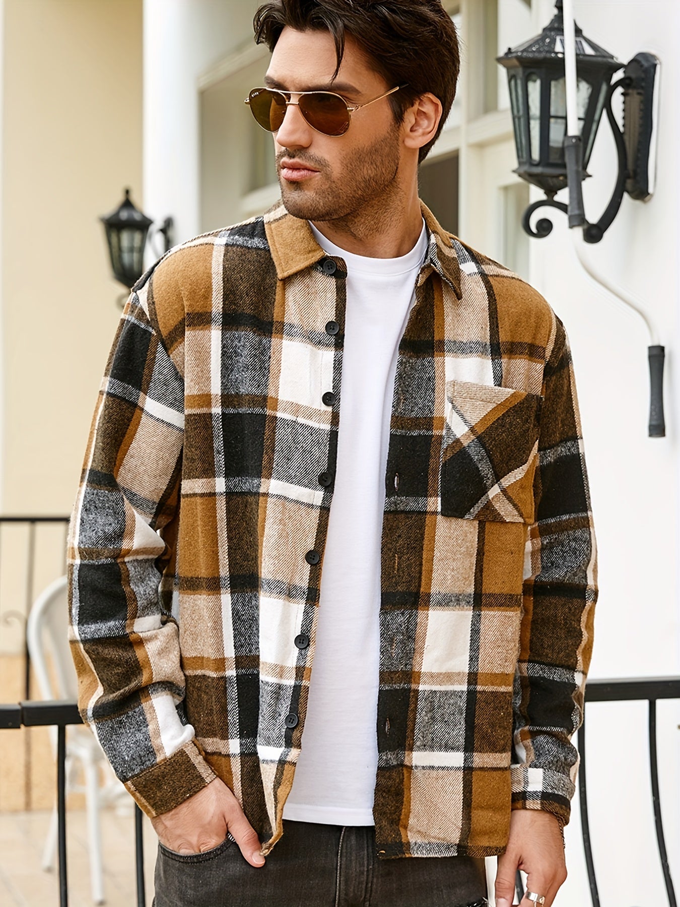 Men's Casual Flannel Shirt Coat - Solid Color Lapel Button-Up with Chest Pocket, Machine Washable Non-Stretch Fabric, Regular Fit Autumn Winter Outerwear, Autumn Apparel, Flannel, Long Sleeve Button Casual Shirt