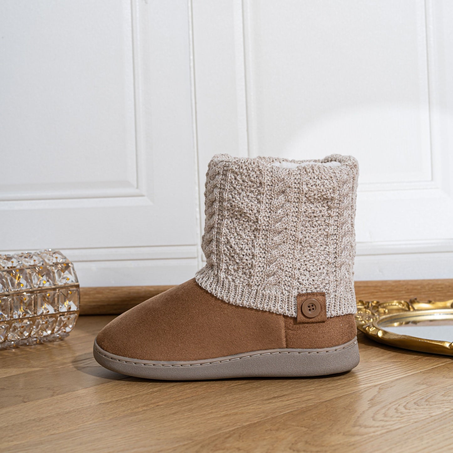 Women's Knitted Winter Boots - Thickened Warm Ankle Boots with Ribbed Texture, Soft Fabric Upper & TPR Sole, Hand Washable Casual Shoes for Fall/Spring (Black & Brown), Knit Boots, Seasonal Footwear, Cozy Footwear, Comfortable Lining, Comfort Se