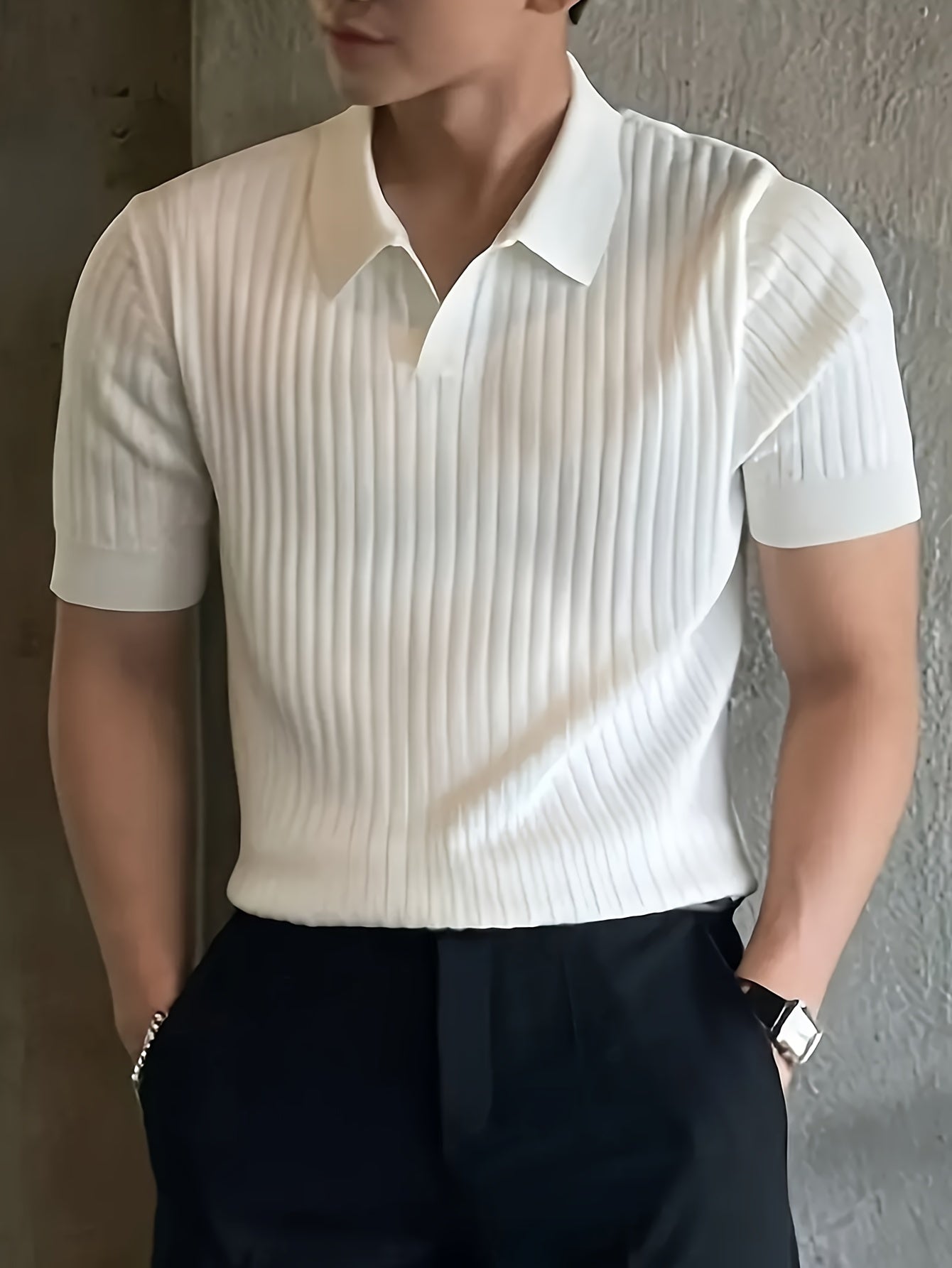 2024 New Men'S Small Hole Short Sleeve Polo Shirt Knitted Sweater - Beige, Medium Stretch, Solid Color, Regular Fit, All-Season Casual Wear, Casual Wear Sweater|Minimalist Style|Knit Construction, Sweater Vest