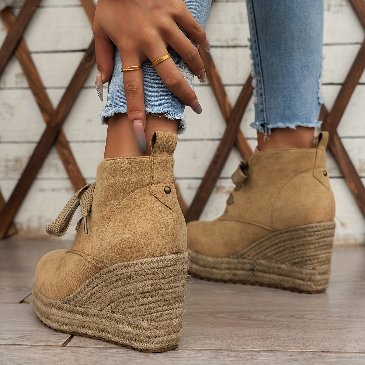 Comfortable Chic Women's Linen Wedge Ankle Boots - Lace-Up Platform Shoes with Durable Rubber Sole for All Seasons